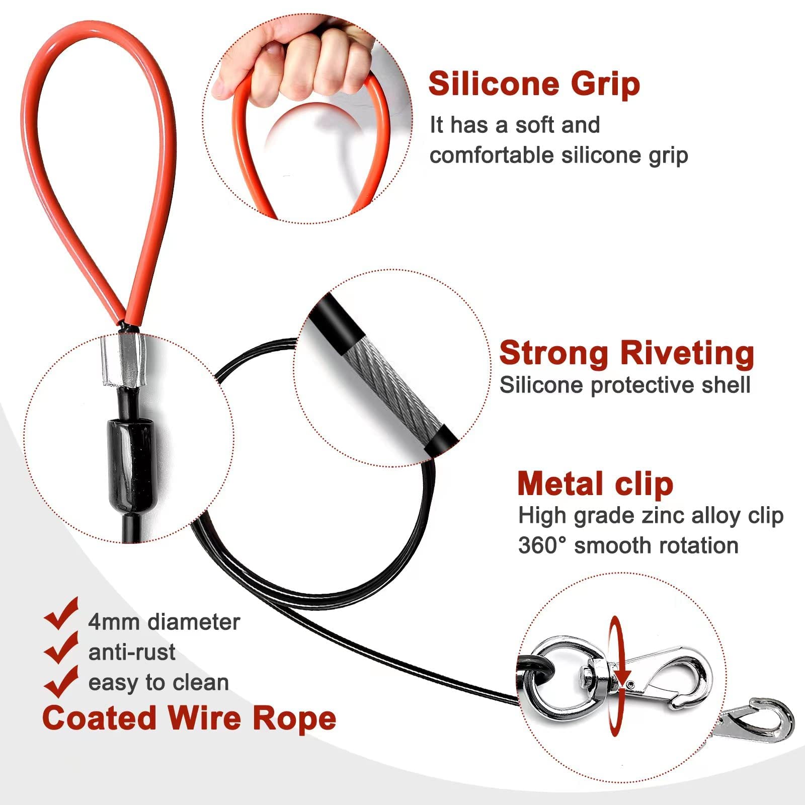 Mi Metty Dog Leash For Dogs Up To 250 Pound,Heavy Duty Leash Made Of Coated Wire Rope For Large And Medium Dogs,Dog Tie Out Cable With Soft Silicone Grip.Dog Chains【10 Feet Long-Black】