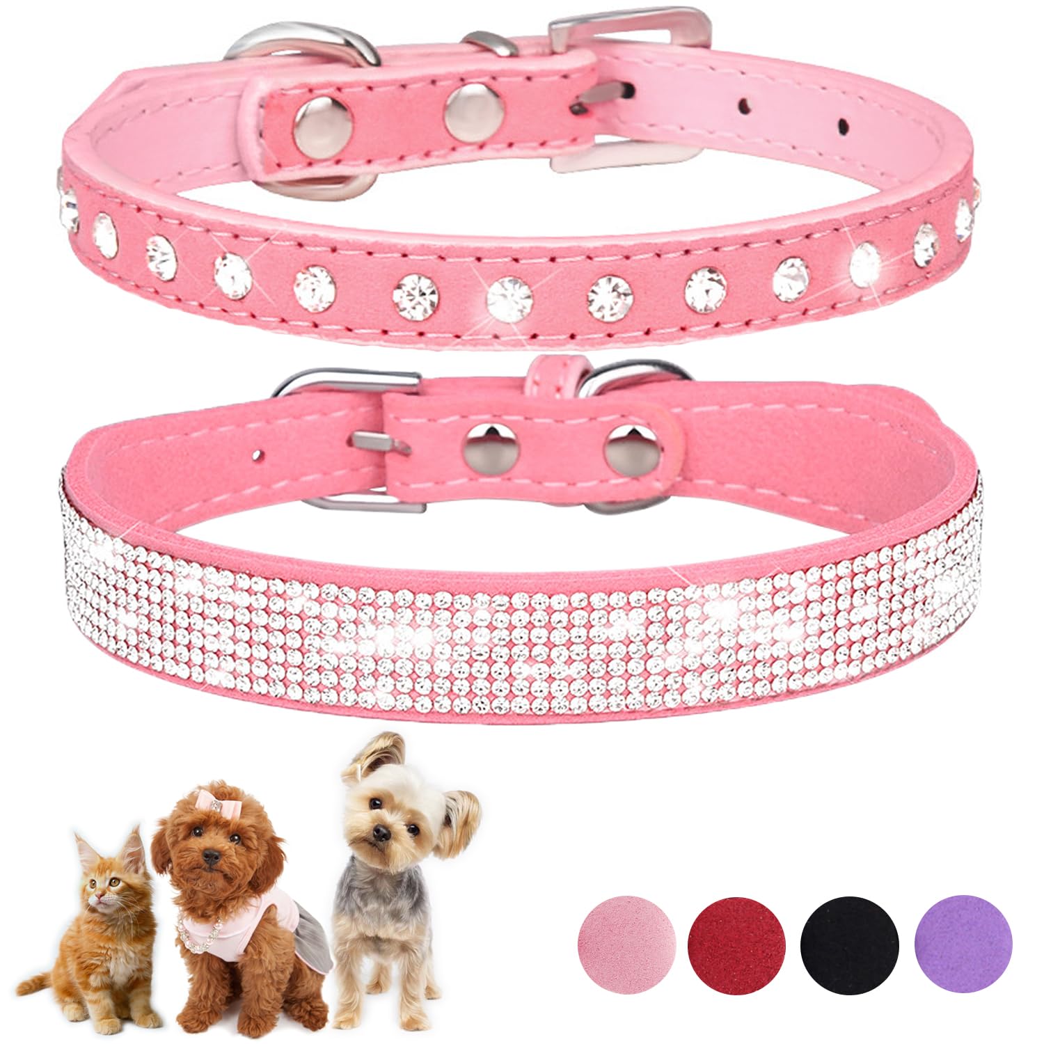 Pink Bling Dog Collars For Small Dogs, 2-Pack Rhinestone Dog Collar Soft Suede Glitter Diamond Jewelry Crystal Girl Puppy Collar