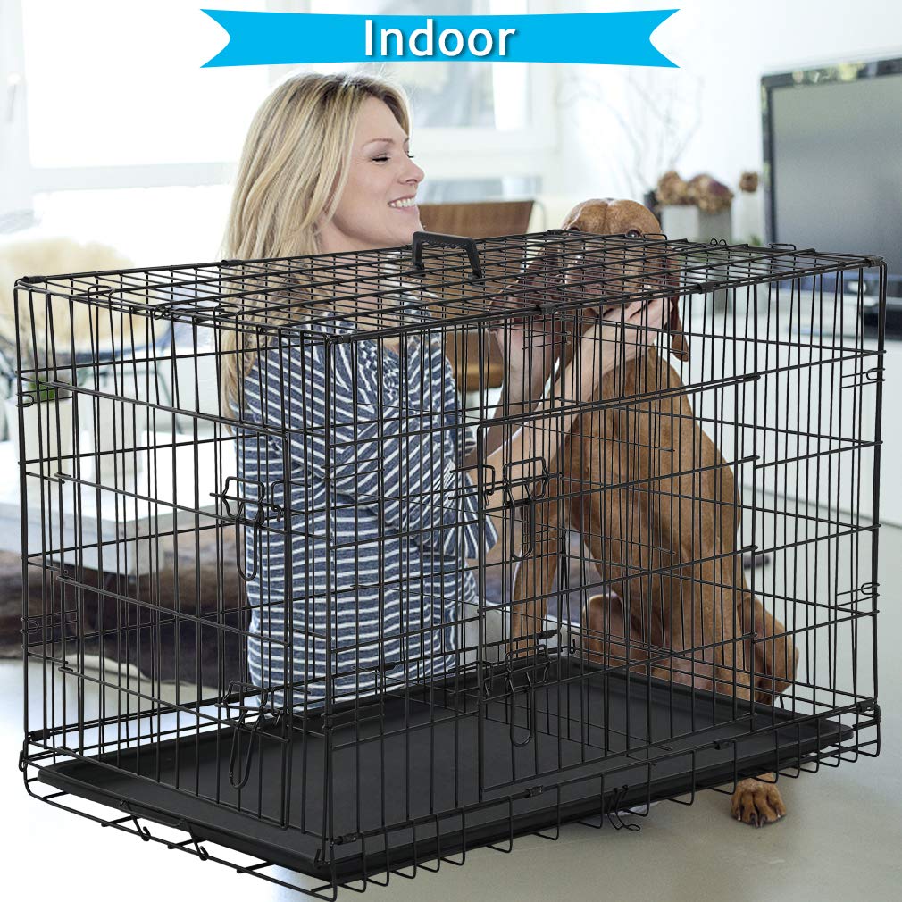 Dkeli 42 Dog Crate Kennel Cage - Portable, Foldable, Double Door Wire Metal Pet Cage with ABS Tray & Divider, Black