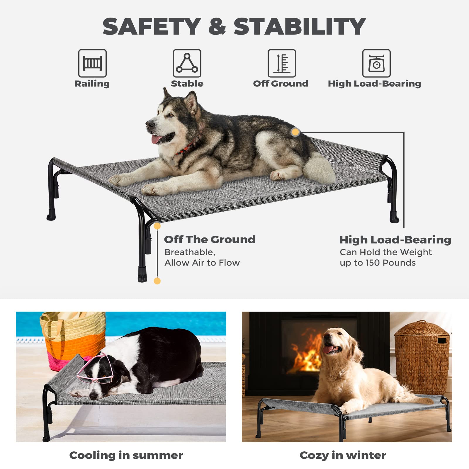 Veehoo Elevated Dog Bed, Outdoor Raised Dog Cots Bed For Large Dogs, Cooling Camping Elevated Pet Bed With Slope Headrest For Indoor And Outdoor, Washable Breathable, X-Large, Black Silver, Cwc2204