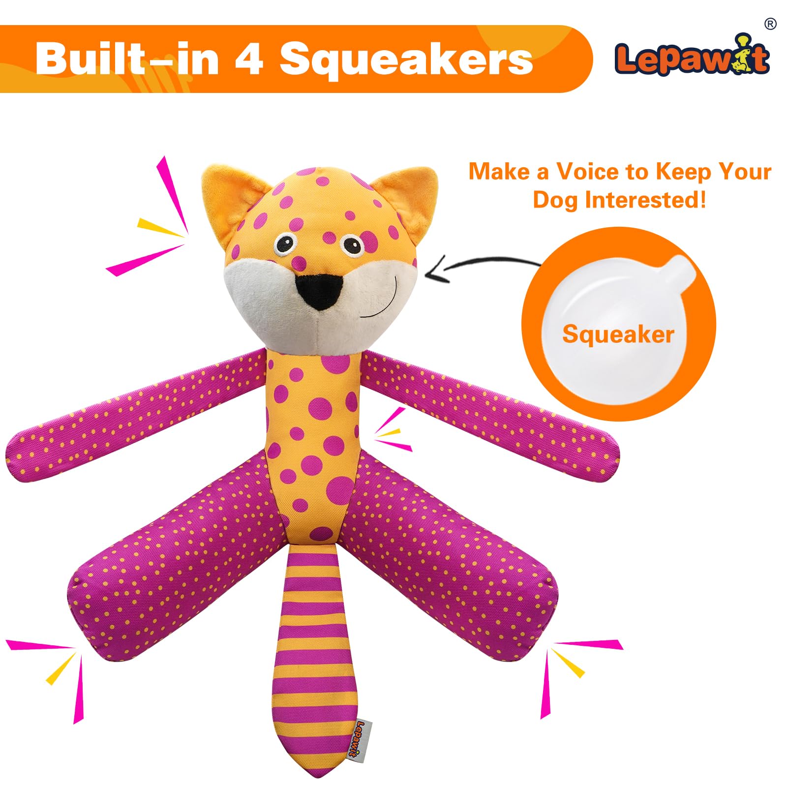Lepawit Squeaky Dog Toys, Canvas Fabric Sturdy Dog Toy Built-In Crinkle Paper, Cute Leopard Interactive Dog Toys For Small And M