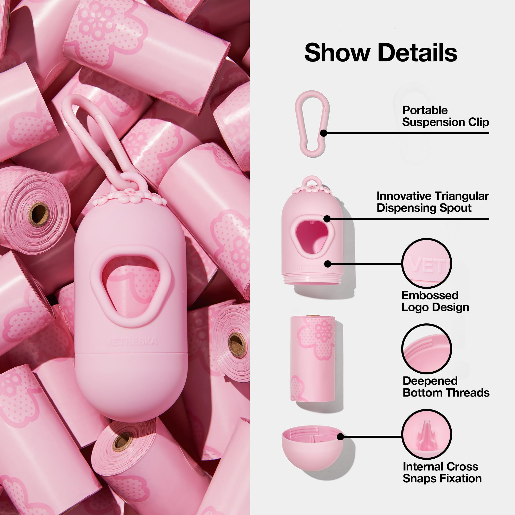 VETRESKA Dog Poop Bag Dispenser with Cherry Blossom Scented Bags, Leak Proof, Extra Thick Waste 1 Count Holder and 105 Bags for