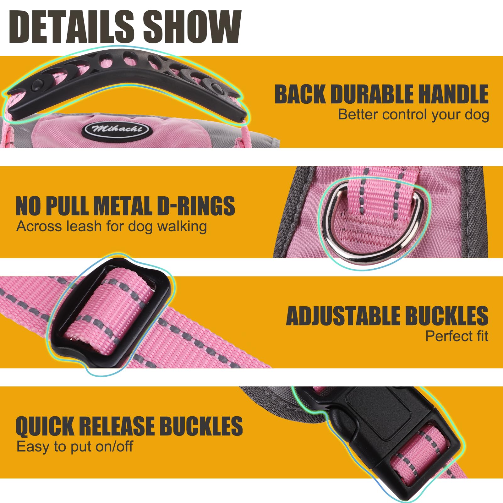 Mihachi Dog Harness For Large Dogs, Escape Proof No Pull Service Vest With Reflective Strips And Control Handle, Adjustable And