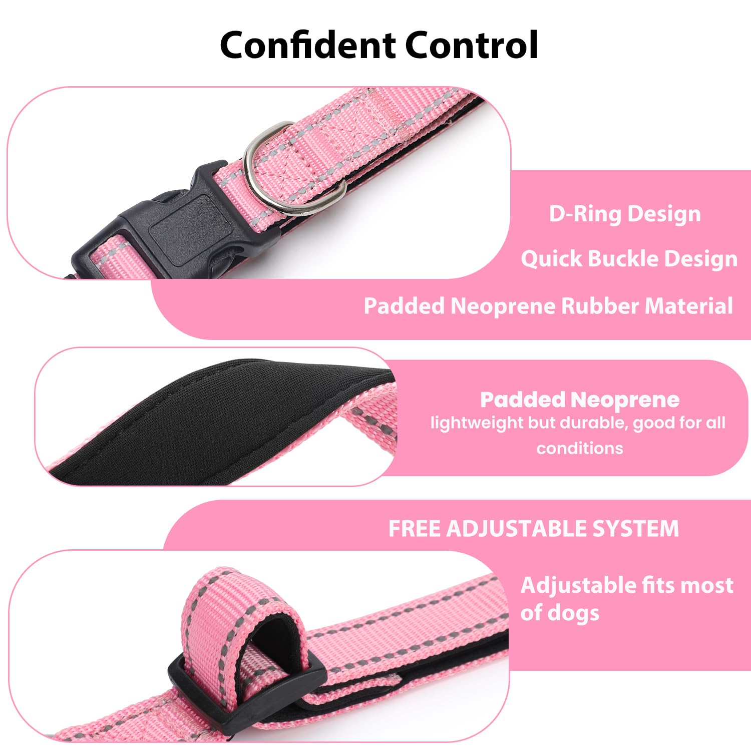 Penseepet Reflective Dog Collar Padded With Soft Neoprene Breathable Quick Release Basic Dog Collars For Large Dogs Pink Girl