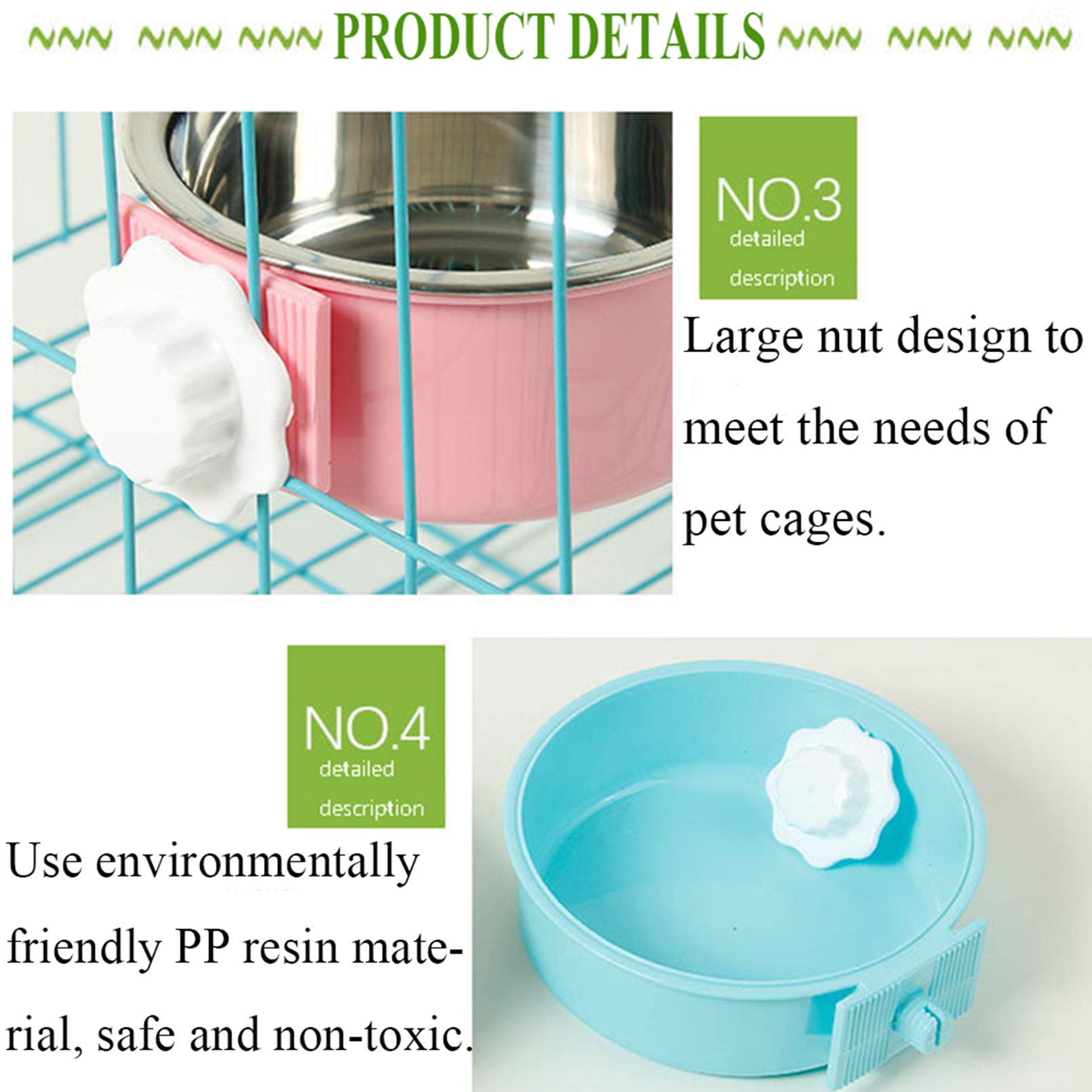 kathson Crate Dog Bowl, Removable Stainless Steel Hanging Pet Cage Bowl Food & Water Feeder Coop Cup for Cat, Puppy, Birds, Rats