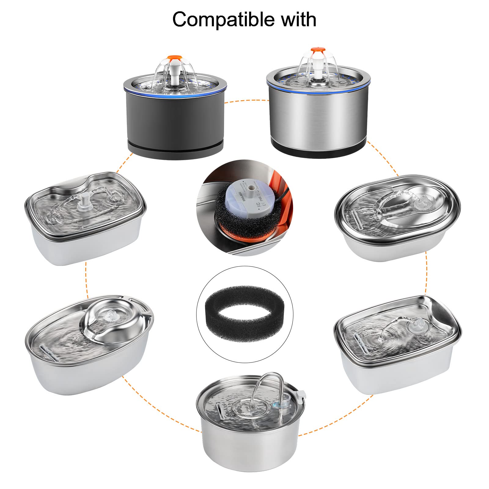 Lawfery Cat Fountain Filter Replacement Sponge Foam For 3.2L/108 Oz Stainless Steel Cat Fountains And Bento Cat Fountain, Pre-Fo