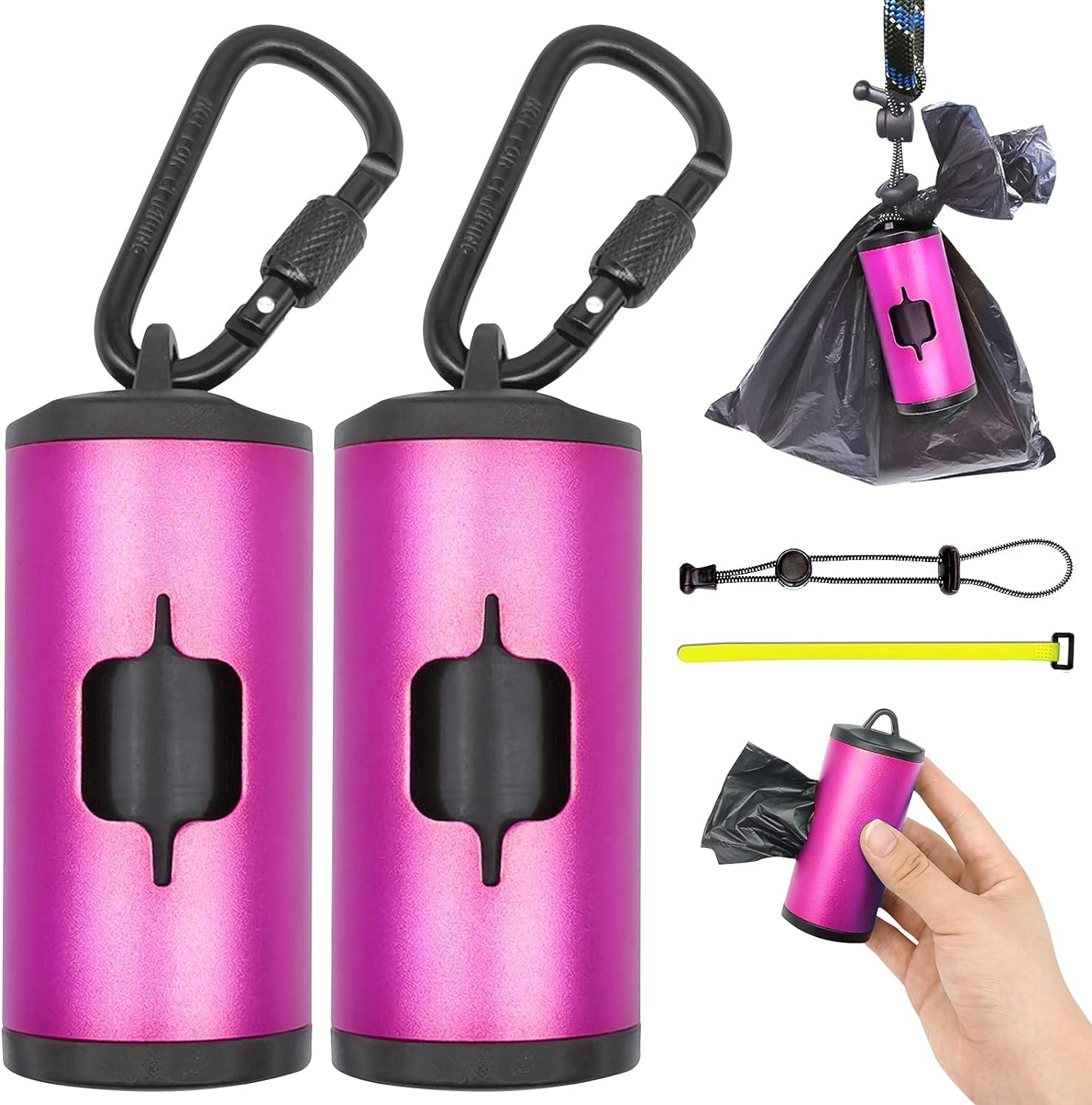 Metal Dog Poop Bags Holder|Aluminum Poop Bags Dispenser With 30 Black Pet Waste Bags 3 Leash Clasp And Elastic Rope