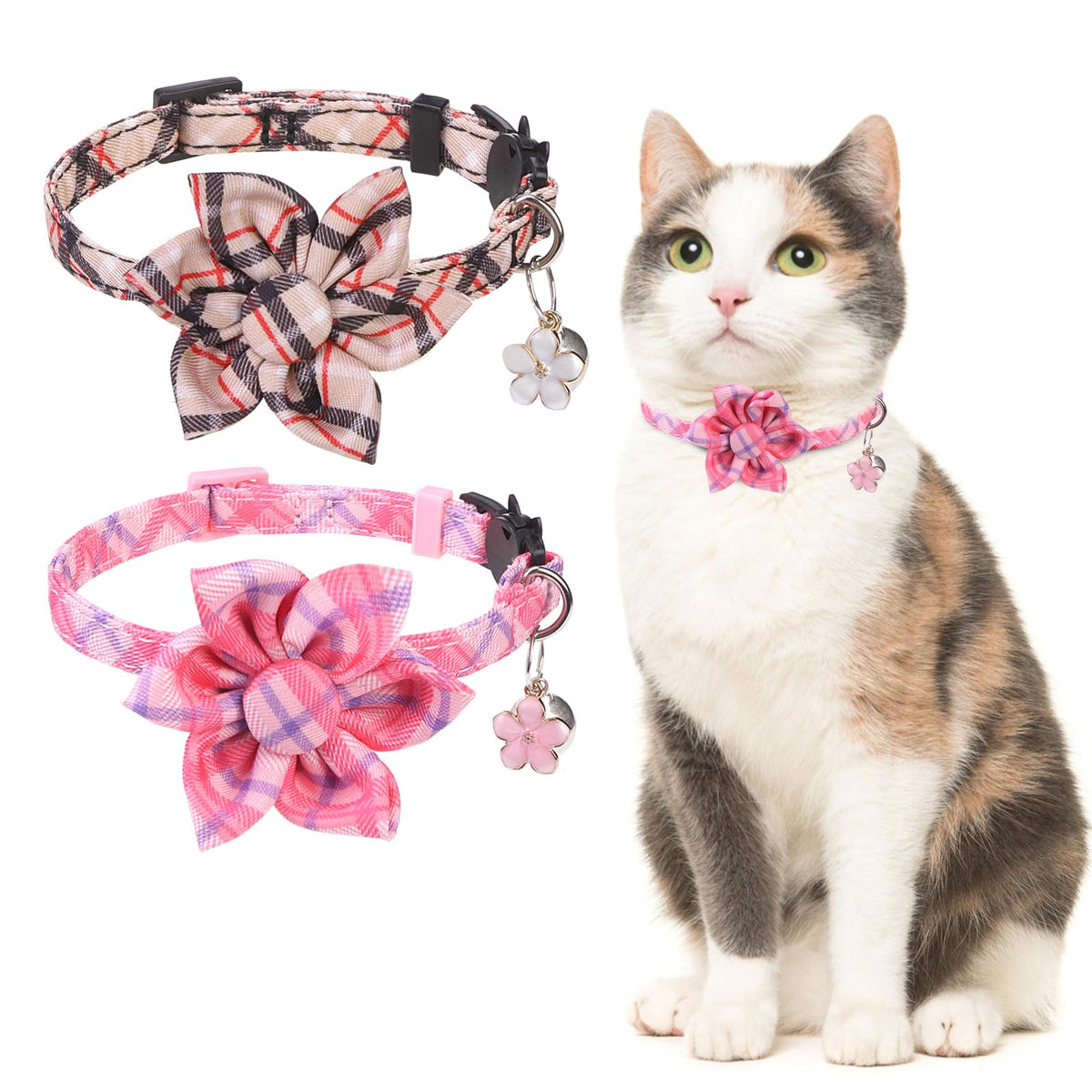 Dillybud Cat Collar With Bells- Breakaway Cat Collar For Girl Cats- Flower Cat Collars With Removable Floral Safety Buckle- Cute