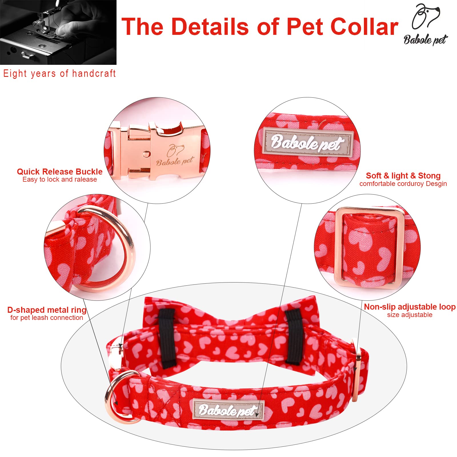 Babole Pet Valentines Dog Collar With Bow Tie, Pink Red Love Male Dog Collar With Safety Metal Buckle Adjustable Puppy Collars For Small Medium Large Boy & Girl Dog, L-Neck 16'-24'