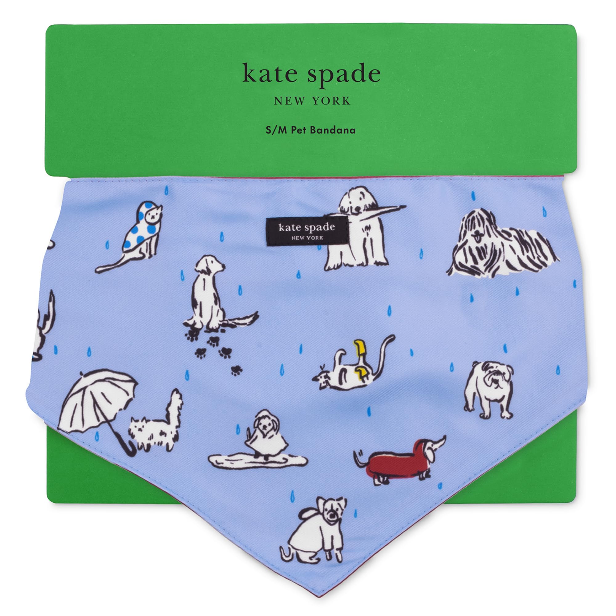 Kate Spade New York Pet Bandana For Dogs, Raining Cats & Dogs Pattern, Small To Medium Dogs, Collar Loop, Comfortable Fit, Polye