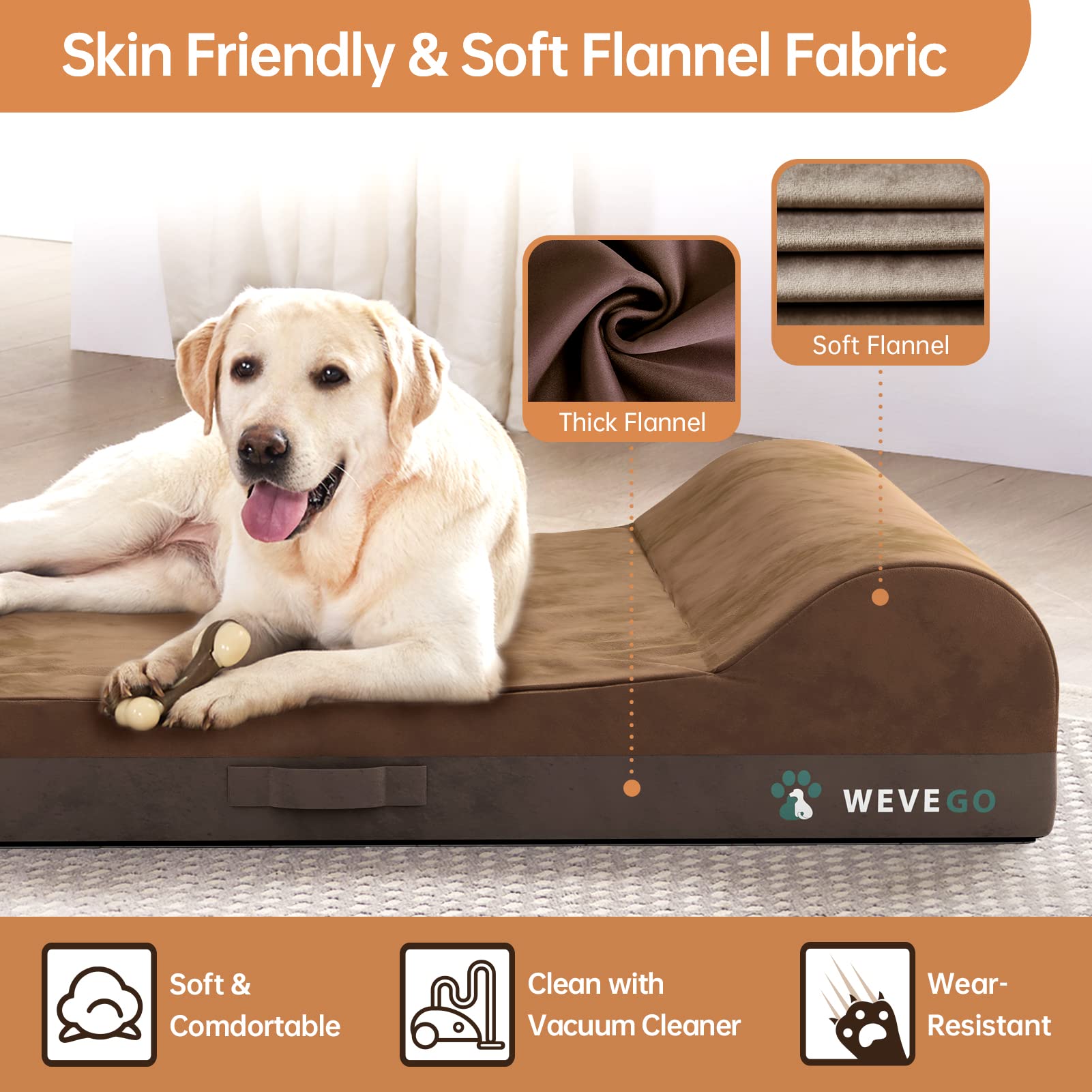 Wevego Dog Bed, Large Dog Bed With Pillow, Thicken Gel Memory Foam Flannel Fabrice Dog Bed, Durable Waterproof Liner & Removable Washable Cover With Non-Slip Bottom, Sizes Medium Brown