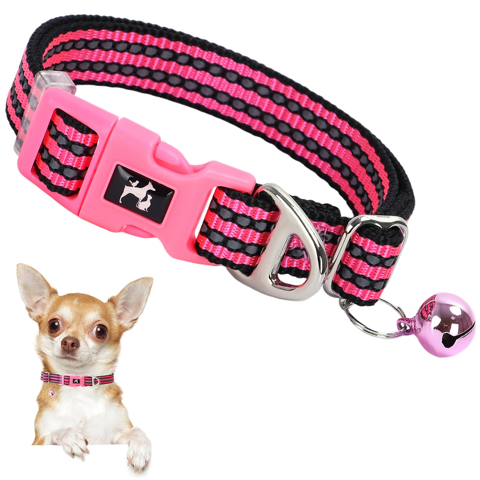 Onefojojo Small Dog Collar With Bell Reflective - Adjustable Tiny Xs Xxs Breed Collar For Girl Female,Night Walk Safety Accessor