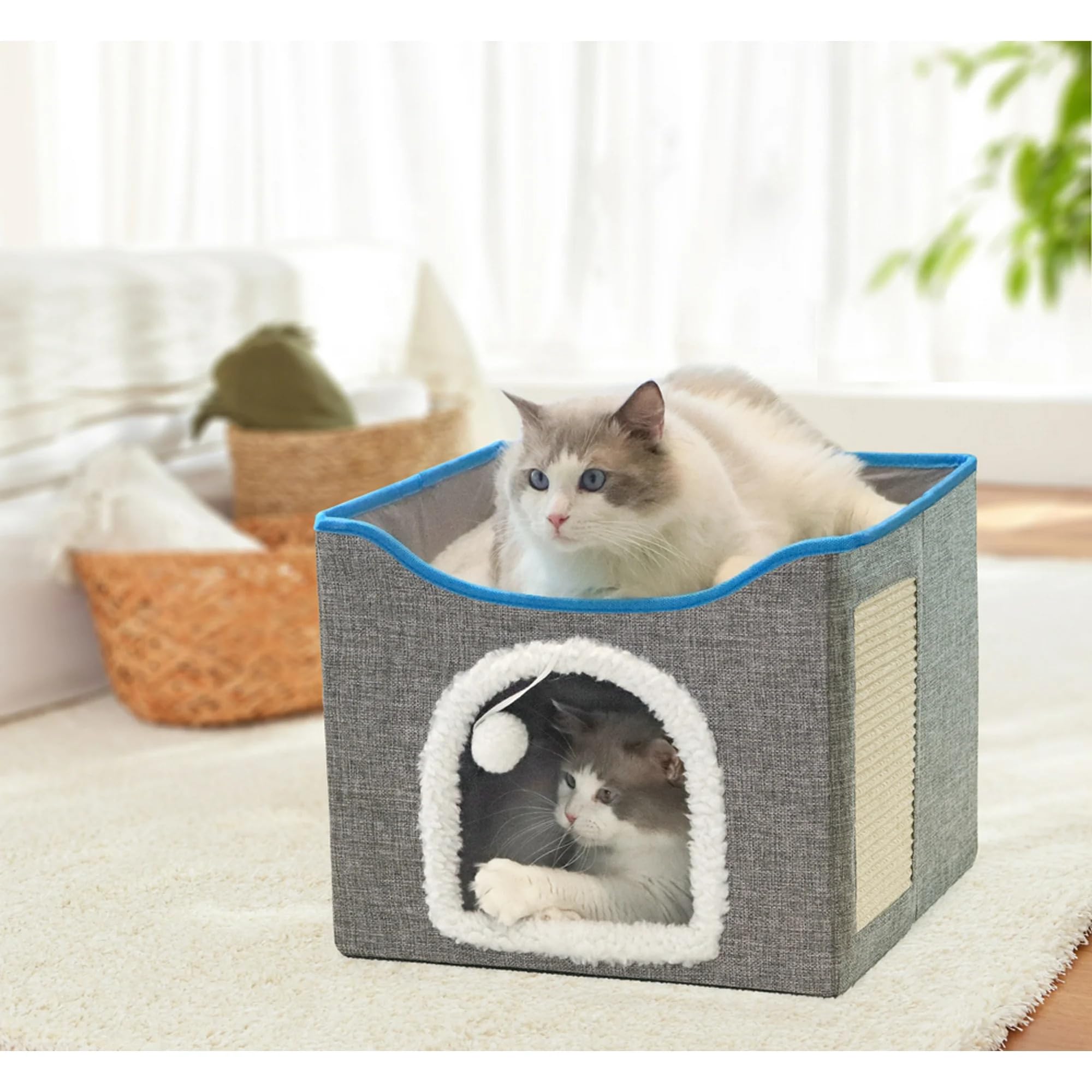 Fluffy Paws Store Cat Beds For Indoor Cats - Large Cat Cave For Pet Cat House With Fluffy Ball Hanging And Scratch Pad, Foldable