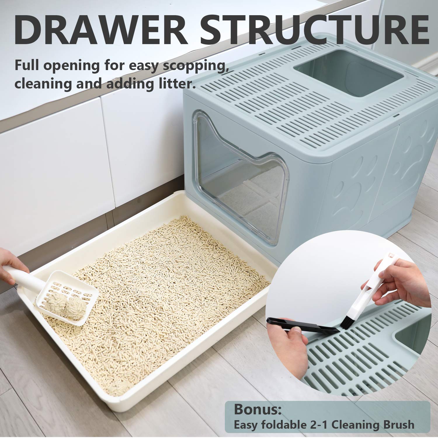 Foldable Cat Litter Box With Lid, Enclosed Cat Potty, Top Entry Anti-Splashing Cat Toilet, Easy To Clean Including Cat Litter Scoop And 2-1 Cleaning Brush (Blue), Large