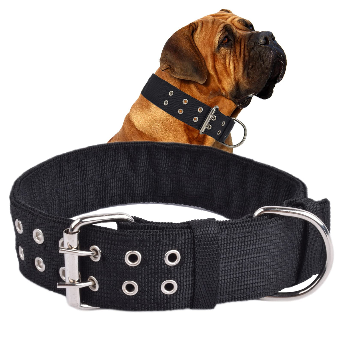 Cdycam Military Adjustable Dog Collar, 1.5 Inch Wide D Ring & Buckle 2-Rows Dog Collar, Black Nylon Tactical Dog Collars For Large Dog
