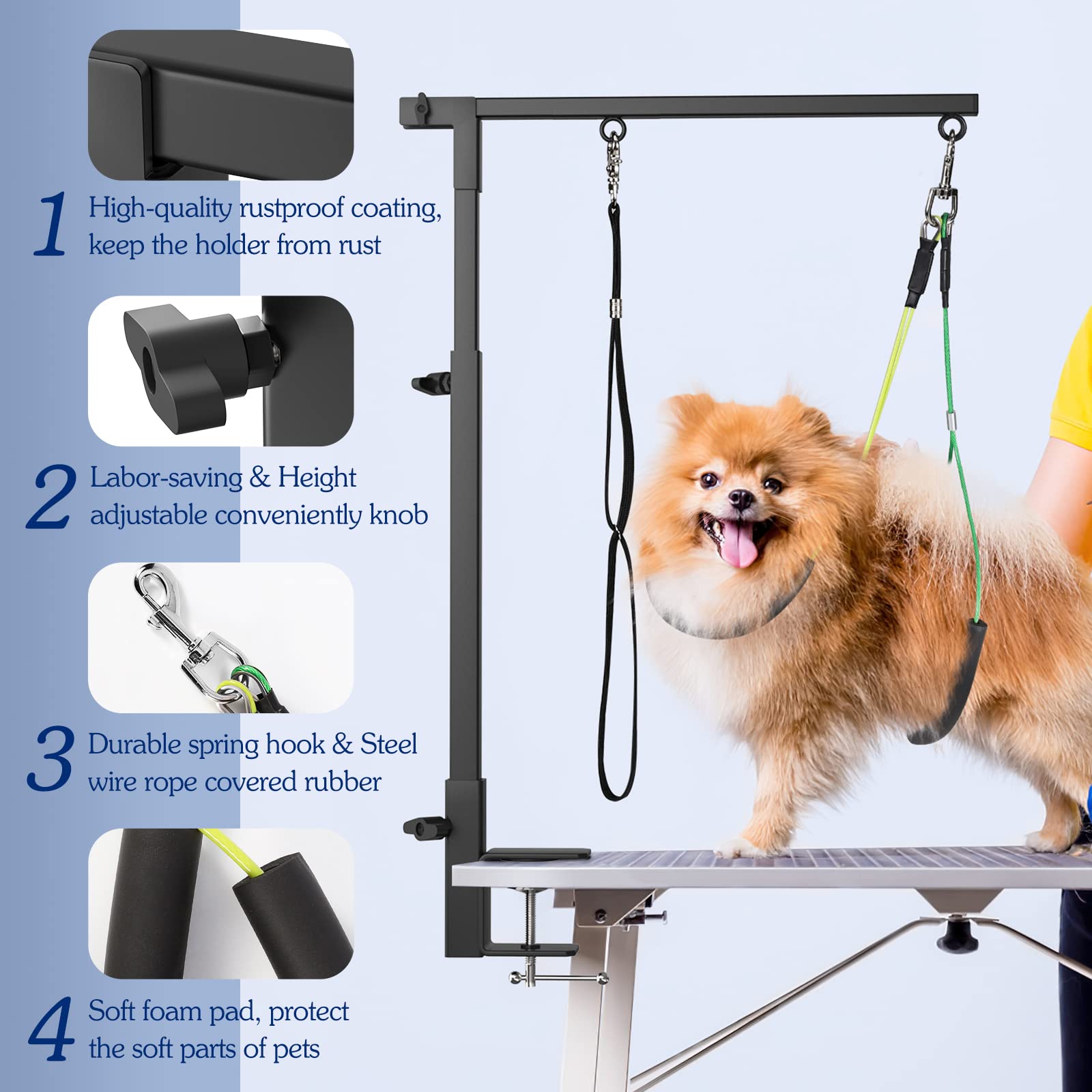 Pawaboo Dog Grooming Table Arm with Clamp, Adjustable 35" Stand, Foldable Tool for Small Medium Pets, Black, Model CSDVVXC
