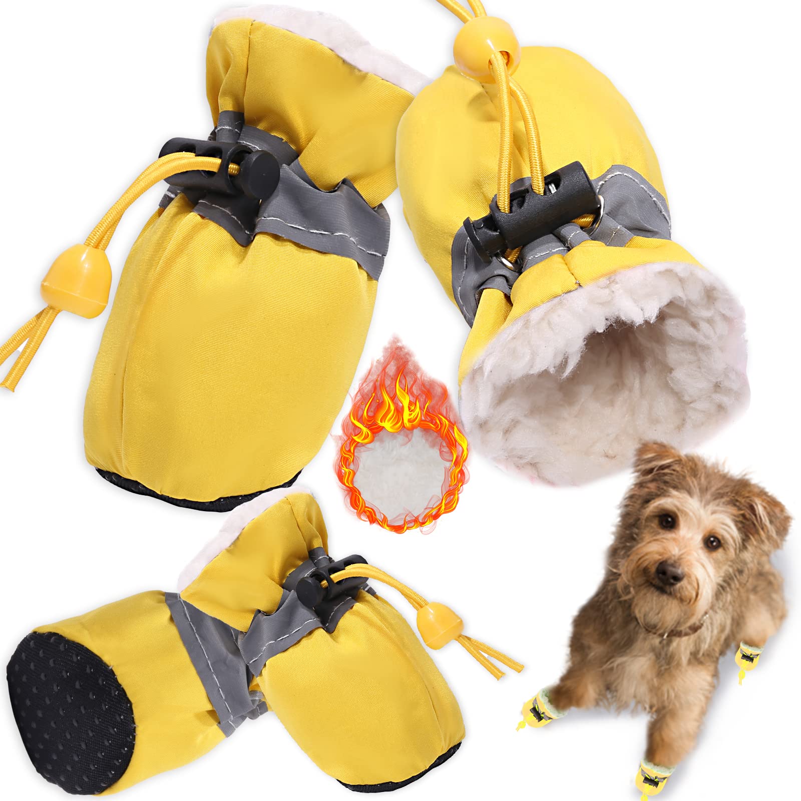 Teozzo Dog Shoes For Winter Dogs Boots & Paw Protector Warm Pet Booties For Puppy With Reflective Strip Dog Snow Boots For Small Medium Size Dogs 4Pcs Yellow Size3