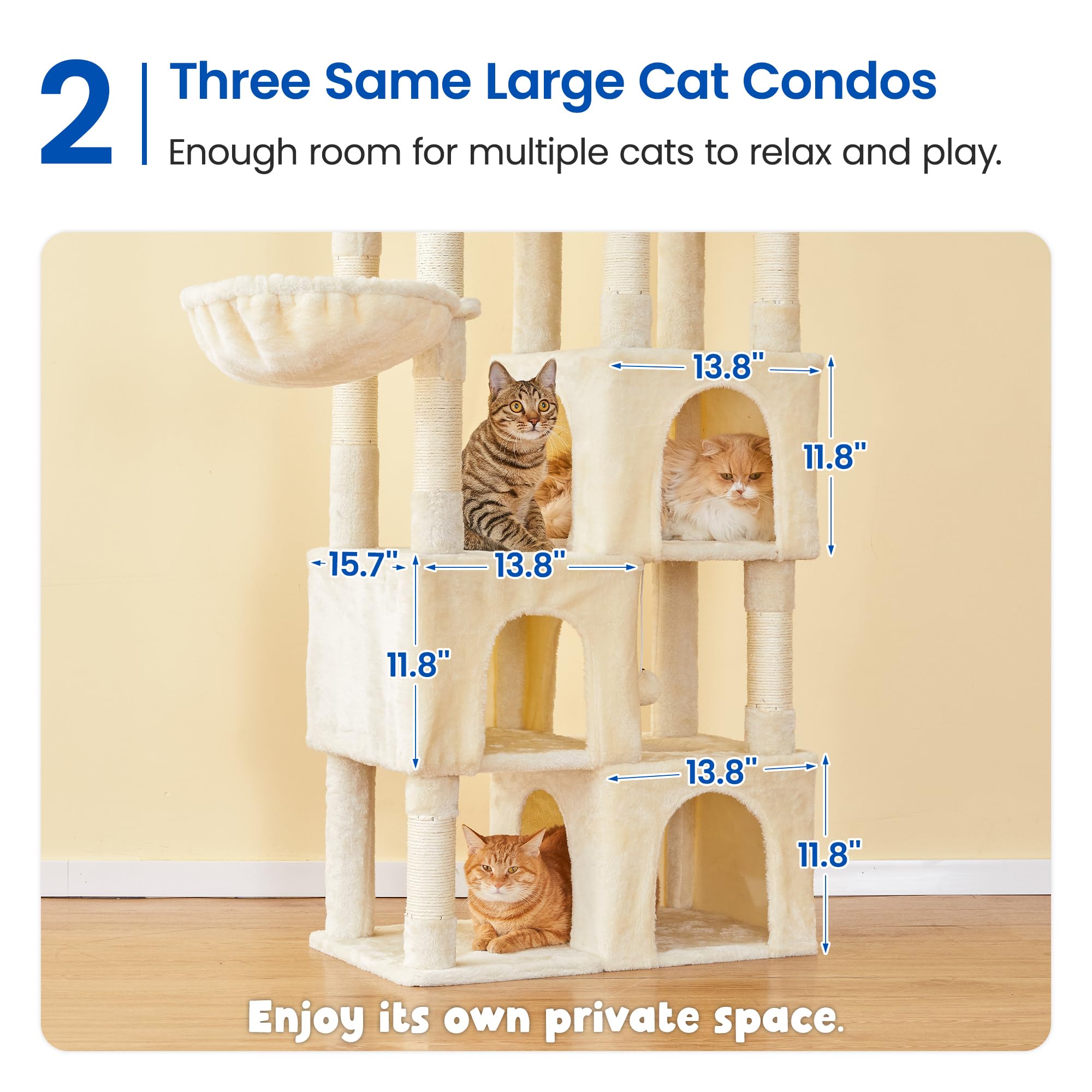 Mwpo Large Cat Tree For Indoor Cats, 63-Inch Cat Tower With 3 Cat Condos, Scratching Posts, Padded Perches, Hammock, Dangling To