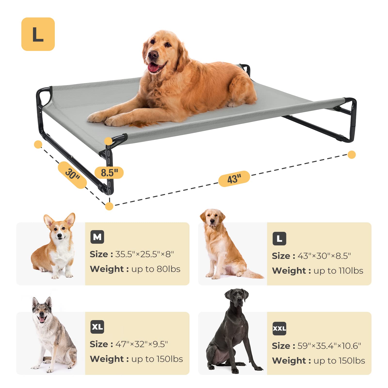 Veehoo Original Cooling Elevated Dog Bed, Outdoor Raised Dog Cots Bed For Large Dogs, Portable Standing Pet Bed With Washable Breathable Mesh, No-Slip Feet For Indoor Outdoor, Large, Grey, Cwc2201
