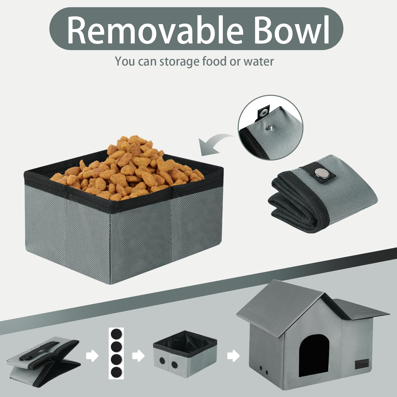 Anysiny Gray Large Weatherproof Cat House for Outdoor & Indoor Cats - Collapsible Shelter with Soft Mat & Bowl for Winter