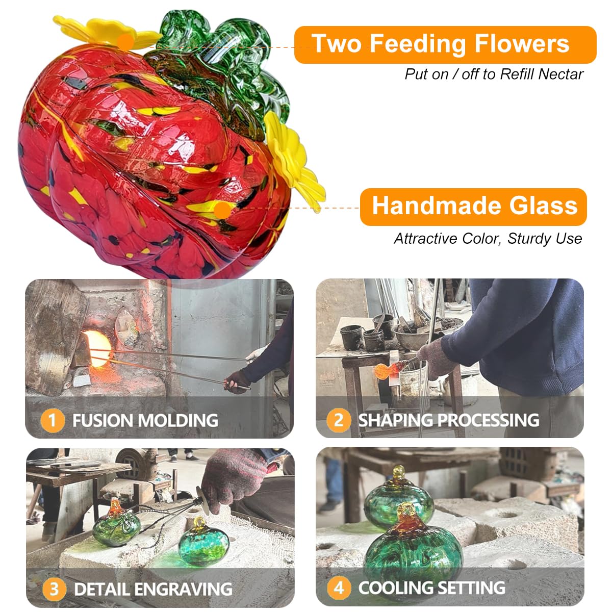 Small Glass Hummingbird Feeders for Outdoors Hanging - 2PC X Red Hand Blown Glass Pumpkin Nectar Feeding, 2 Flowers Feeding Port