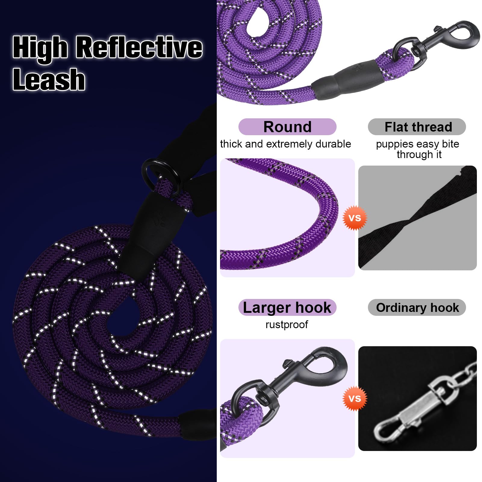 Beautyzoo Heavy Duty Rope Dog Leash 6 Pack, 5Ft Nylon Pet Lead With Reflective Thread, Soft Padded Handle For Large Medium Dogs