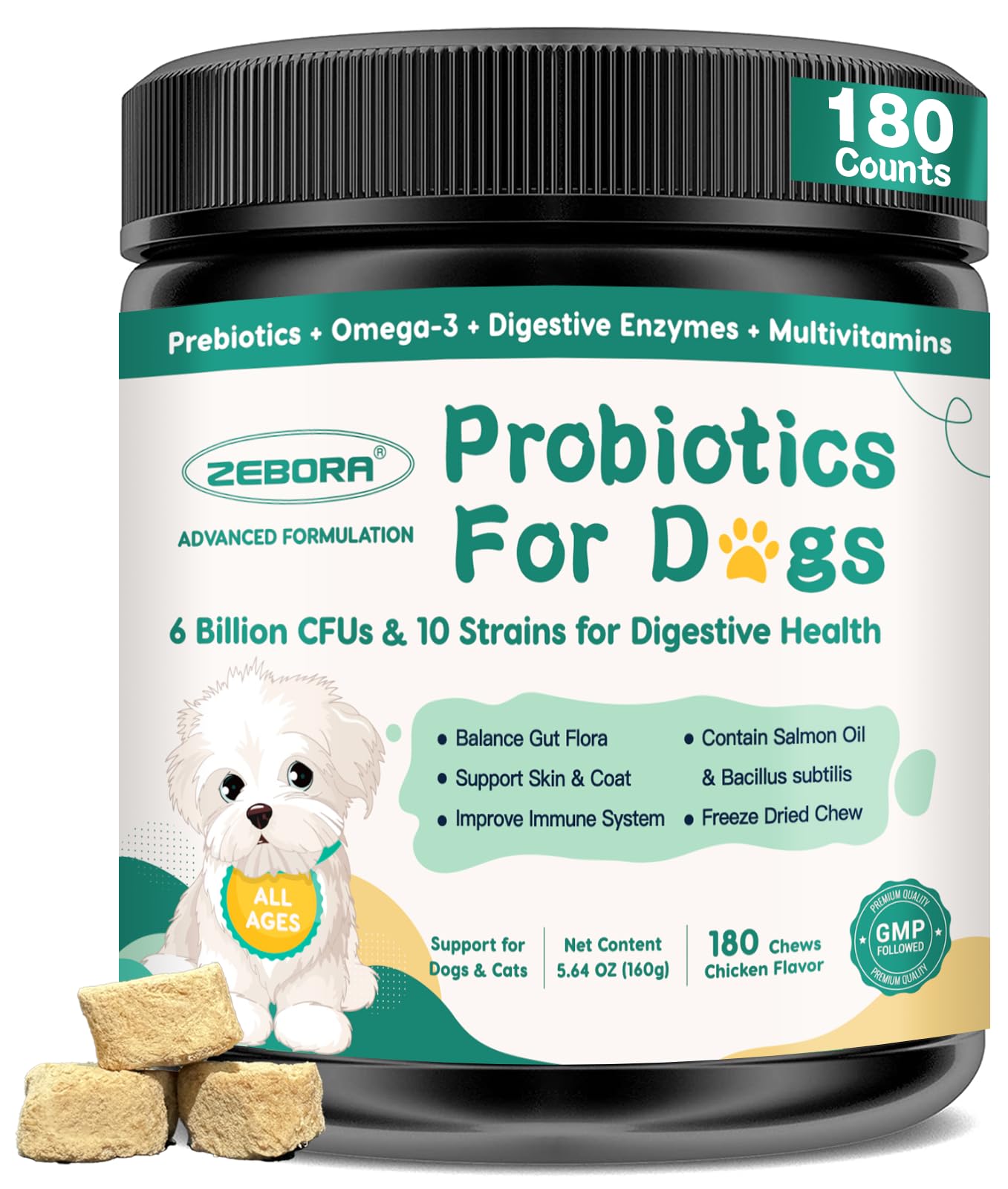 Probiotics for Dogs, Dog Probiotics with Digestive Enzymes, Prebiotics, Omega-3 & 6 and Vitamin for Dogs Digestive Health, 6 Bil