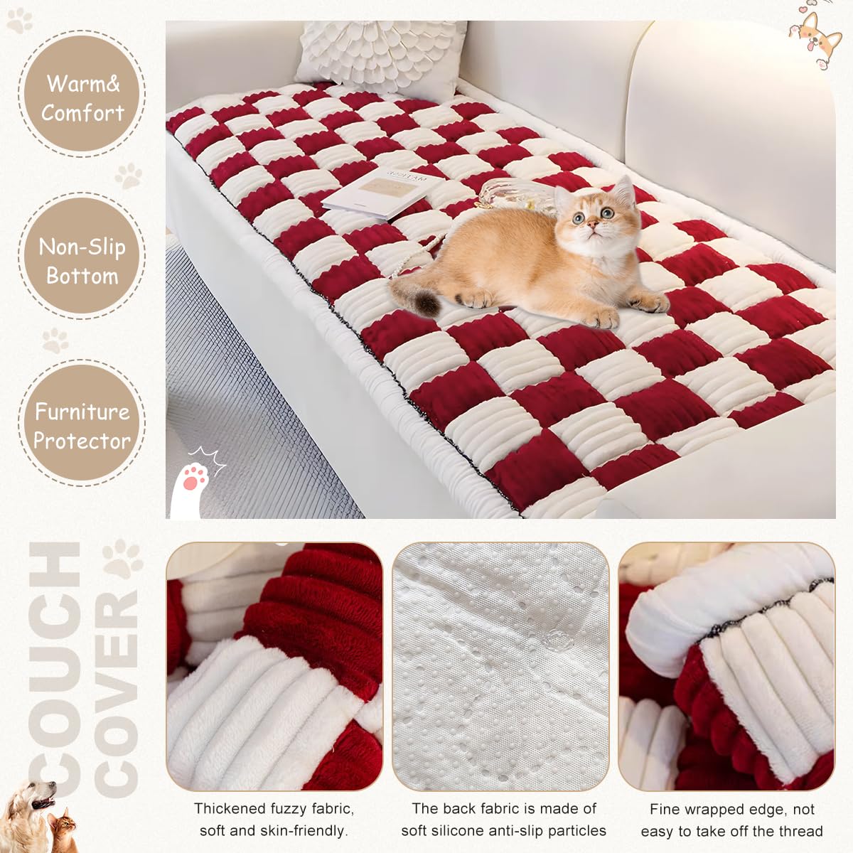 Fuzzy Warm Dog Bed Cover Pet Friendly Couch Protector Anti-Slip Washable Sofa Cover For Dogs Pet Hair Resistant Mat(Plush Red,23
