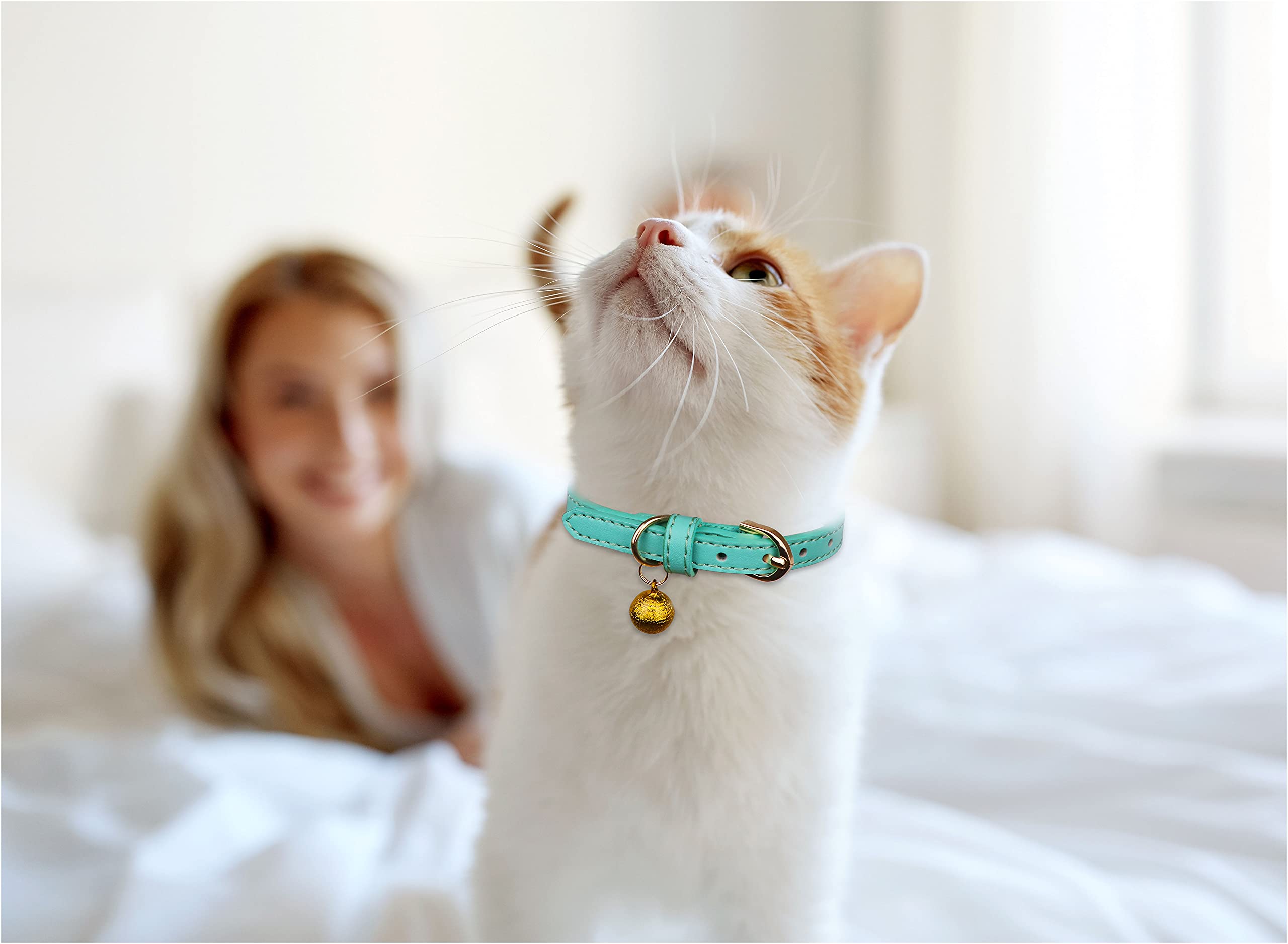 Jamktepat 3 Pack Leather Cat Collars With Bells Soft Pet Safety Collar Kitten Collars With Bell Orange Yellow Mint Green(S)