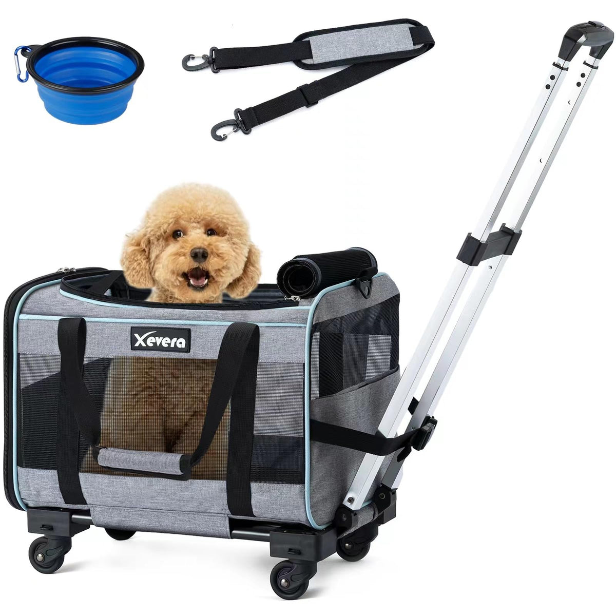 Xevera Cat Dog Carrier With Wheels Airline Approved Rolling Pet Carrier With Telescopic Handle, Shoulder Strap And Pet Bowl, Gre