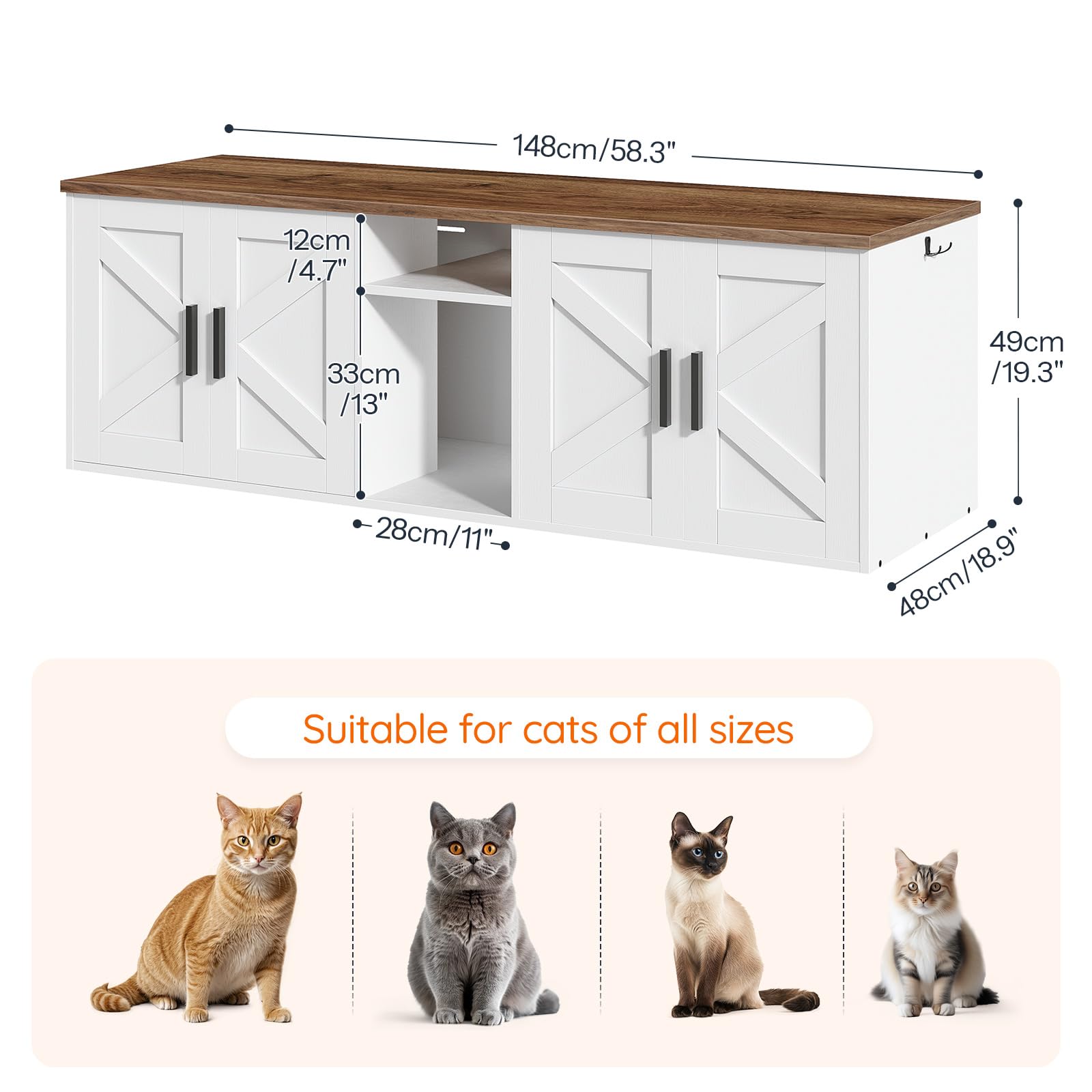 Hoobro 58.3'' Cat Litter Box Enclosure, Litter Box Furniture For 2 Cats, Hidden Litter Cabinet With Corridor, Tv Stand With Stor
