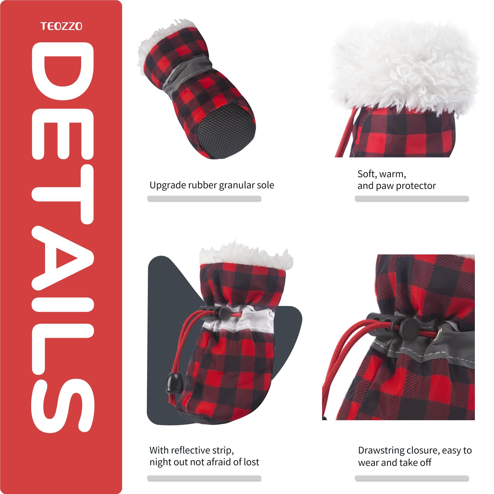 Teozzo Dog Snow Boots Dog Boots For Small Medium Size Dogs Booties Paw Protector Warm Dog Shoes For Puppies 4Pcs Black & Red Siz