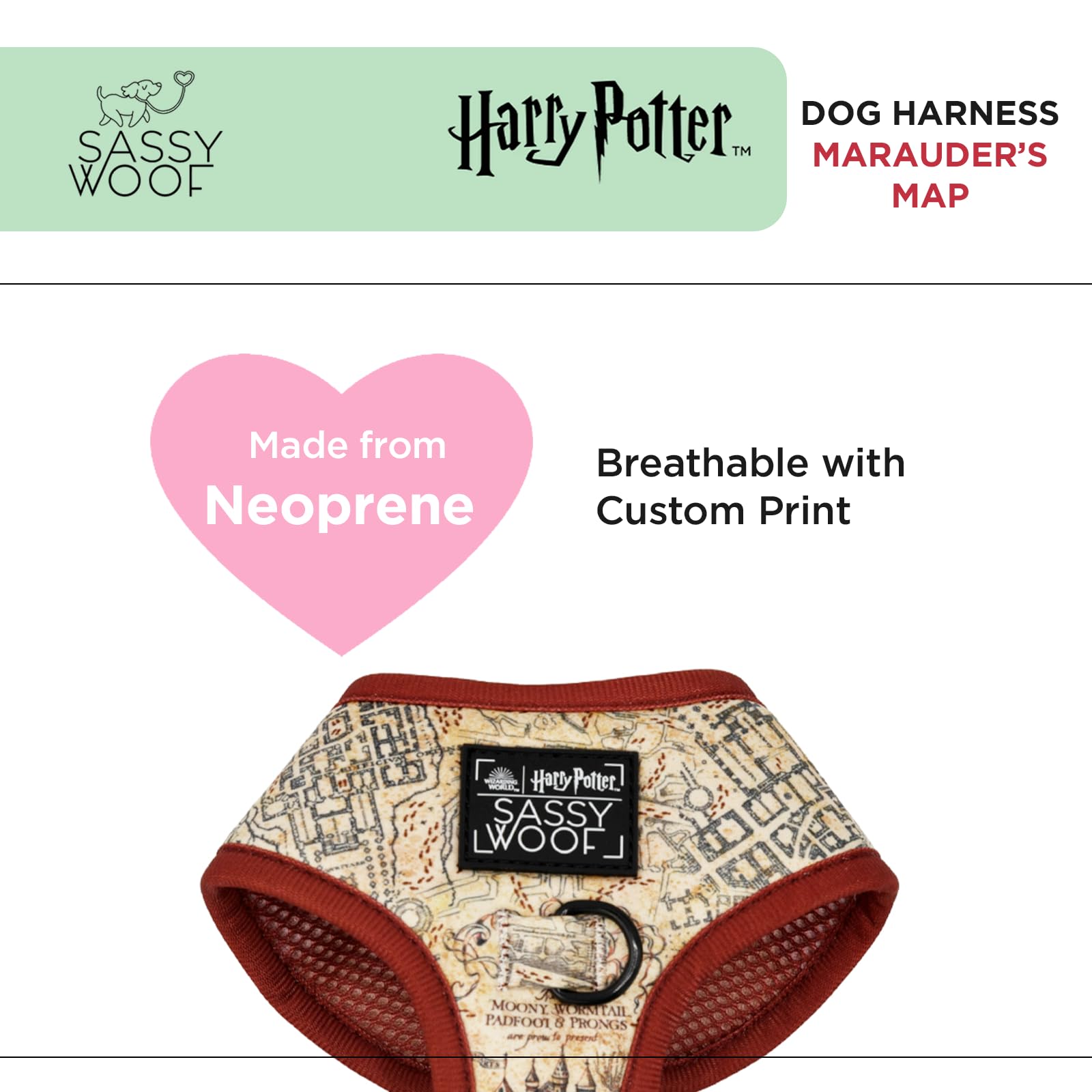 Sassy Woof Dog Adjustable Harness - Harry Potter Marauder'S Map - Xs, Breathable Mesh, No Pull Design With Two D-Rings, Perfect