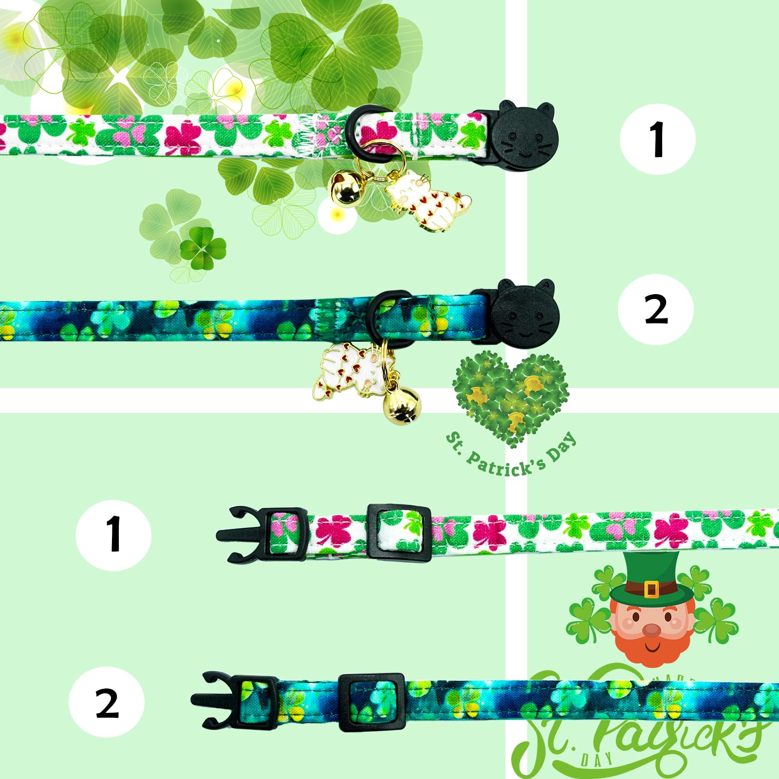 Elegant Little Tail St Patrick'S 2 Pack Cat Collar- Trefoil Print Cotton Breakaway Cat Collars With Bell Pendant Kitten For Boy