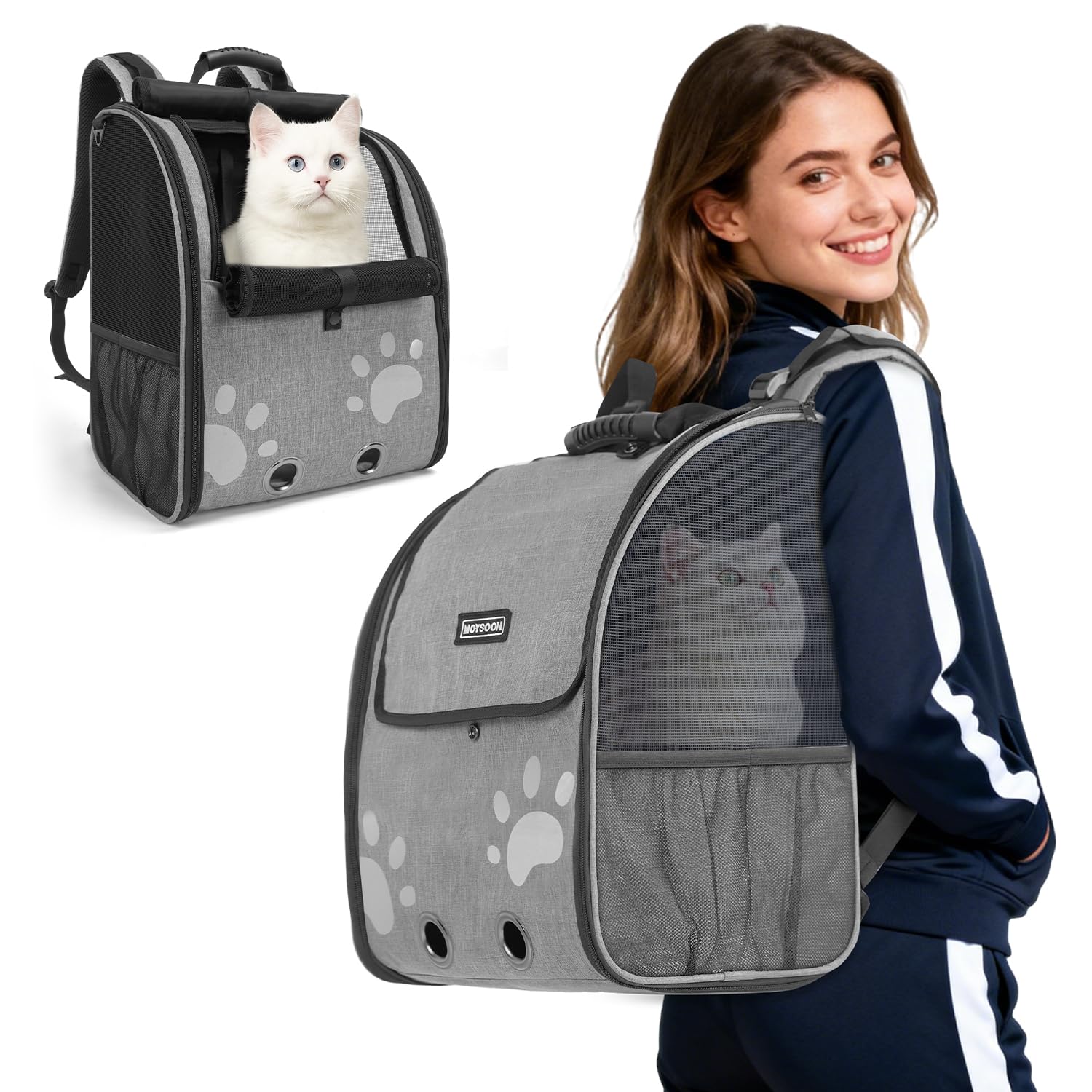 Cat Backpack Carrier with Comfort Handle, Ventilated Cat Backpack with Reflective Strips, with Chest and Shoulder Buckles, Folda