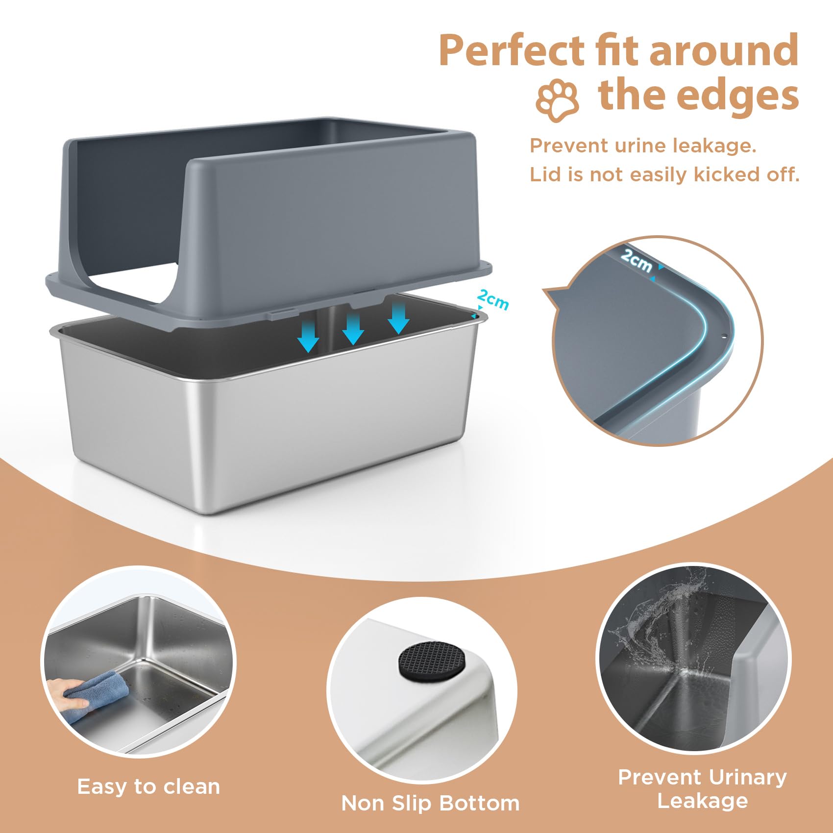 Litter Box With Lid, Large Stainless Steel Litter Box High Sides, 16 Metal Cat Litter Box, Extra Large Litter Boxes For Big Ca