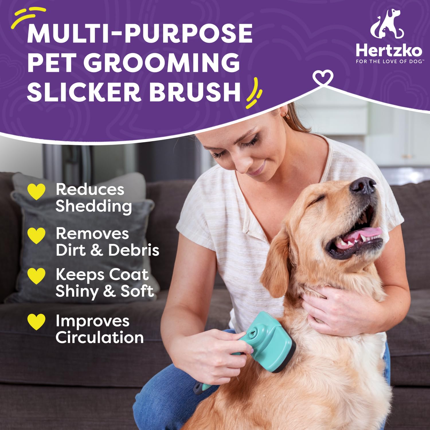 Hertzko Dog Brush For Shedding - Self Cleaning Slicker Brush For Dogs And Cats - Gently Removes Loose Hair, Tangles, And Dirt - Grooming Brush Suitable For Long Or Short Coats - Aqua