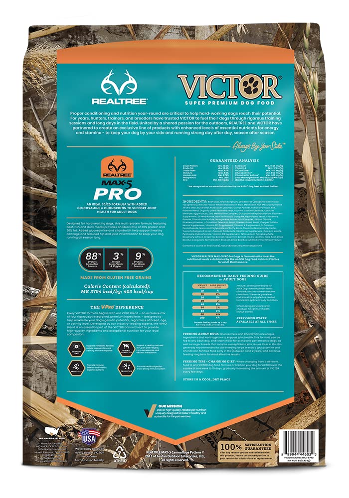VICTOR Super Premium Dog Food - Realtree MAX-5 PRO Dry Dog Food - 30% Protein, Gluten Free for Active Adult Dogs, 15lb