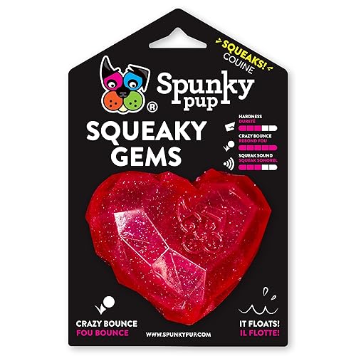 Spunky Pup Squeaky Gems Heart Dog Toy - Fun Squeak, Crazy Bounce, Non-Toxic Rubber, Dishwasher Safe, Red, 1 Count for Small to Medium Breeds