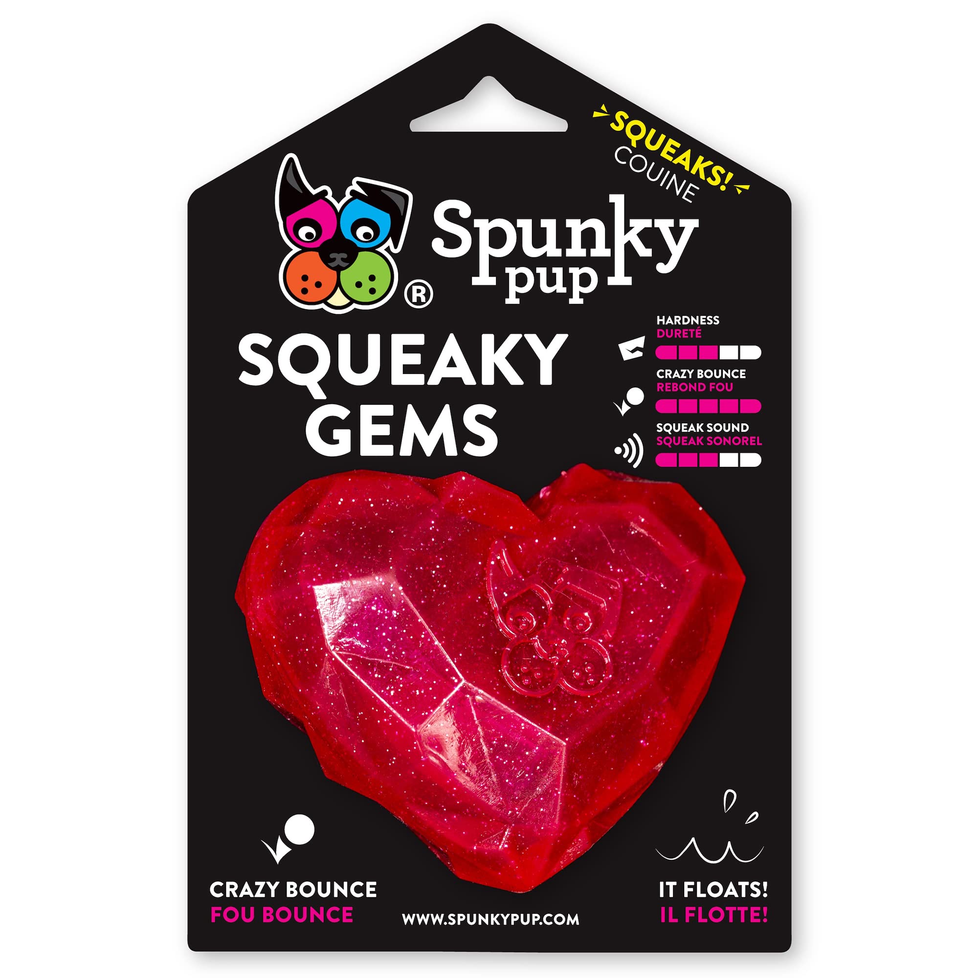Spunky Pup Squeaky Gems Heart Dog Toy | Fun Squeak | Crazy Bounce Gem Cut Shape That Floats | Non-Toxic Rubber | Dishwasher Safe | Perfect Toys For Small To Medium Breeds