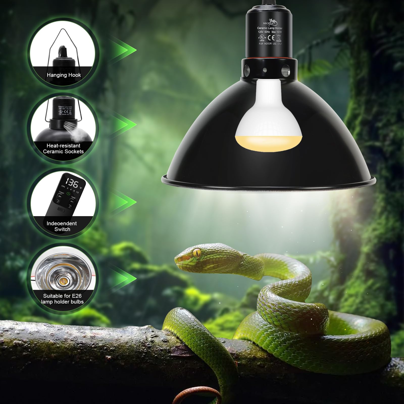 Mecesor Reptile Light Fixture With Thermostatic Timer, 8.5 Inch Deep Dome Lamp Cap Reptile Heat Lamp Fixture With Separate Switc