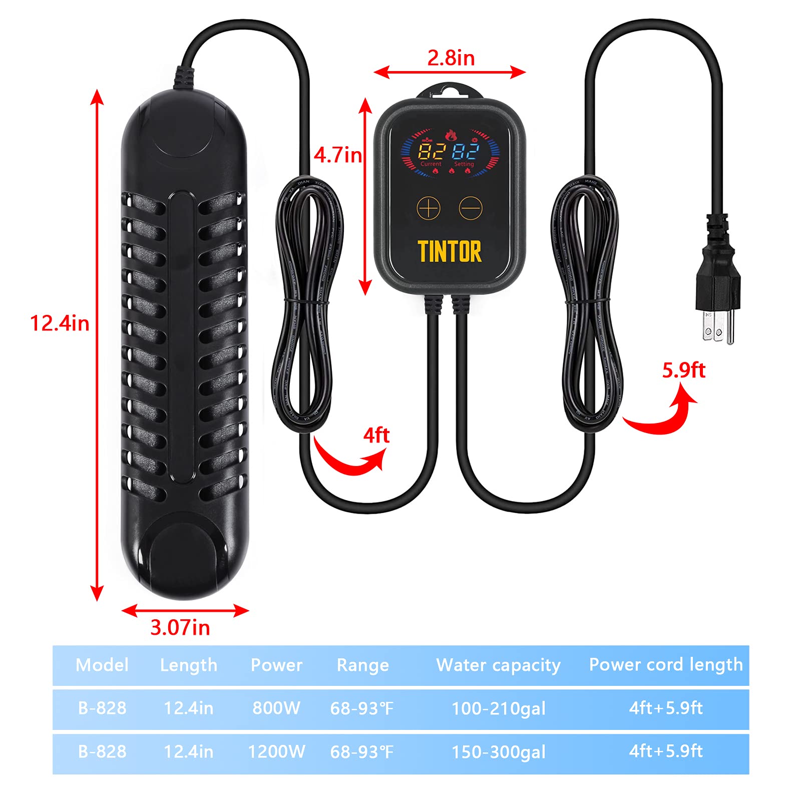 Tintor Submersible Aquarium Heater, 800W/1200W Fish Tank Heater, Double Tube Heating, Rapid Heating And Energy Saving, Led Digital Temperature Controller, Suitable For Sea Water And Fresh Water(800)