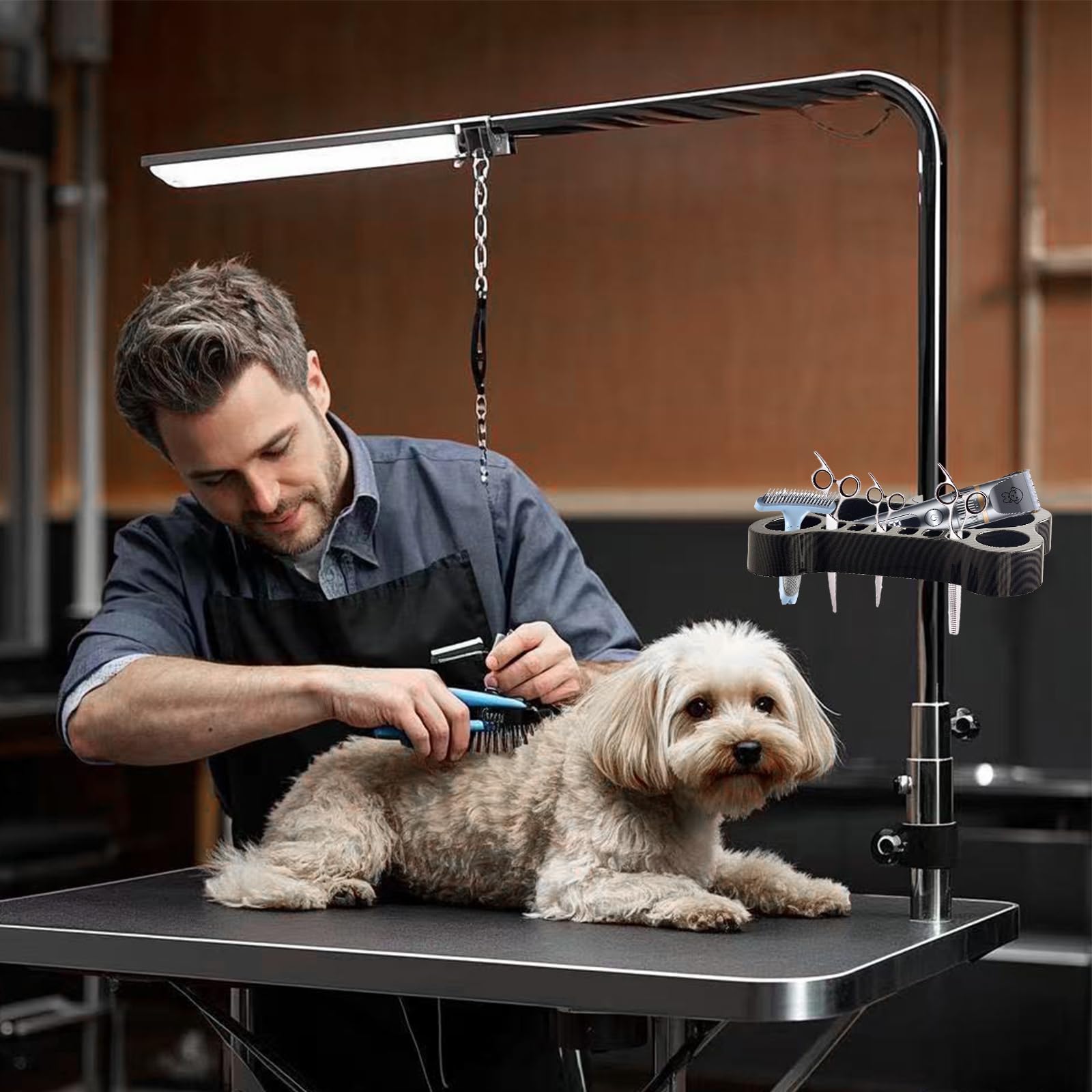 Huioqwe Adjustable Pet Grooming Organizer For Scissors, Brushes And Tools - Rotatable Multi-Compartment Grooming Arm Stand
