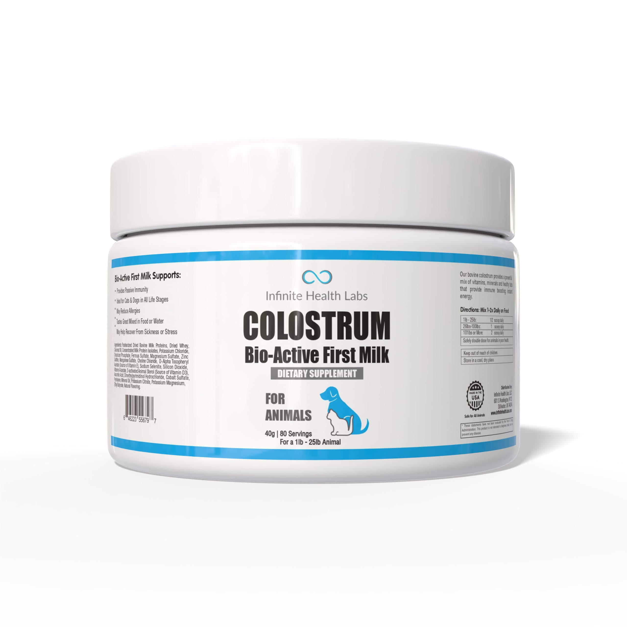 Infinite Health Labs Bio-Active Bovine Colostrum for Dogs, Cats, Puppies, Kittens & Pets - Daily Colostrum Powder Supplement 40g