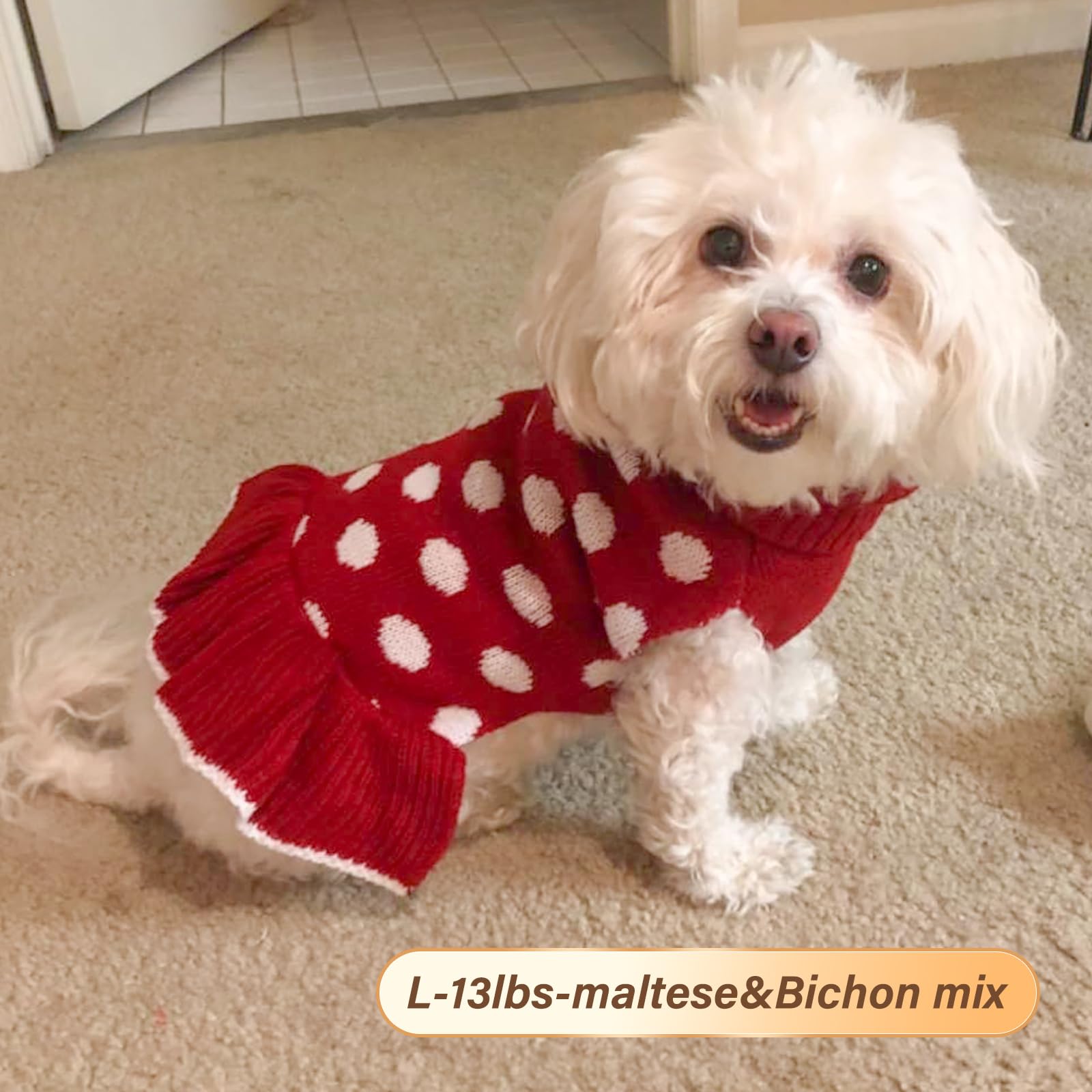 Kyeese Christmas Dog Sweater Dress With Leash Hole Polka Dot Turtleneck Dogs Sweaters Red Knit Pullover With Pom Pom Ball