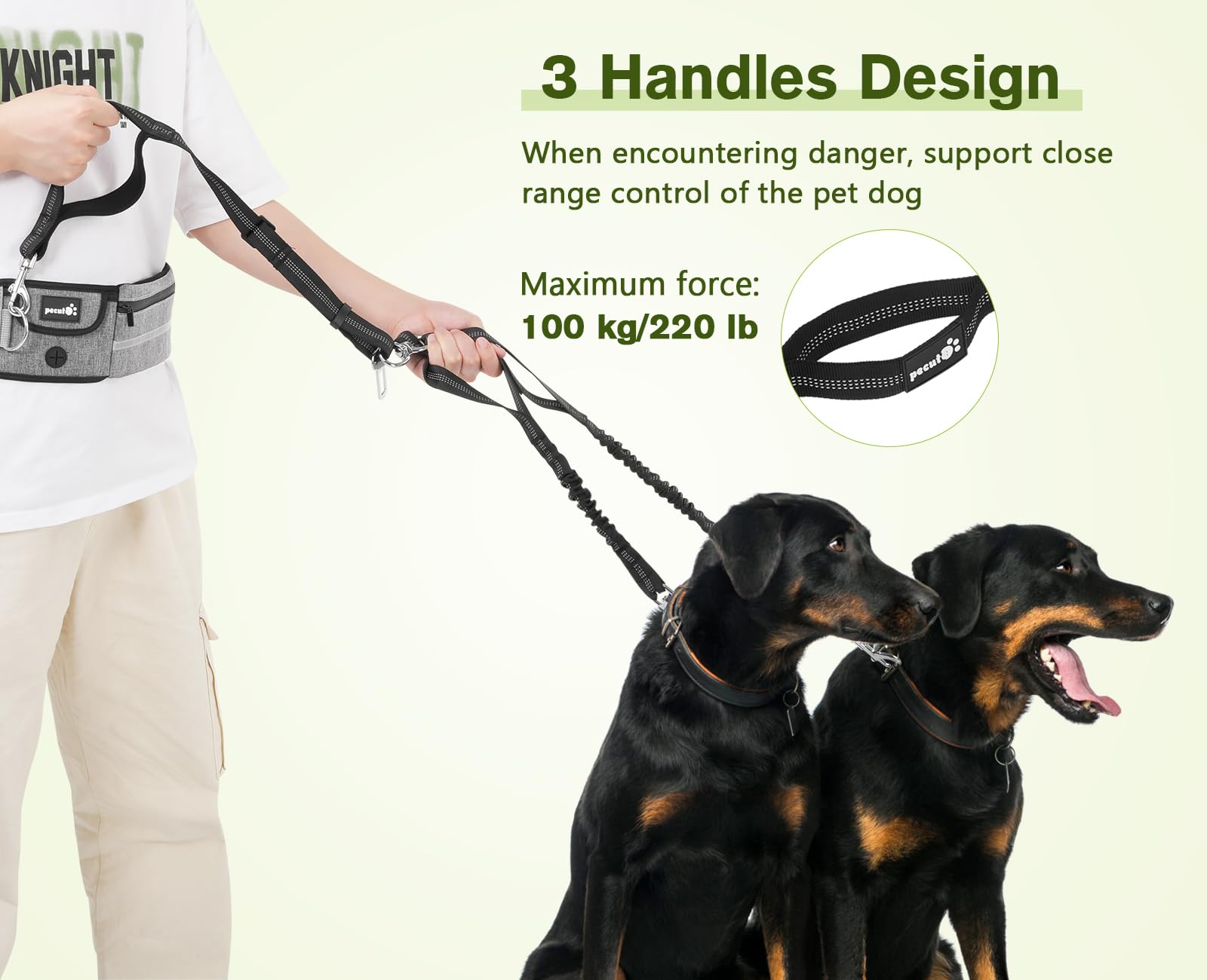 Pecute Hands Free 2 Dogs Waist Belt Fanny Pack With Soft Padded, Dual Dog Leash With Pouch, 3 Padded Handles, Durable Bungee, Do