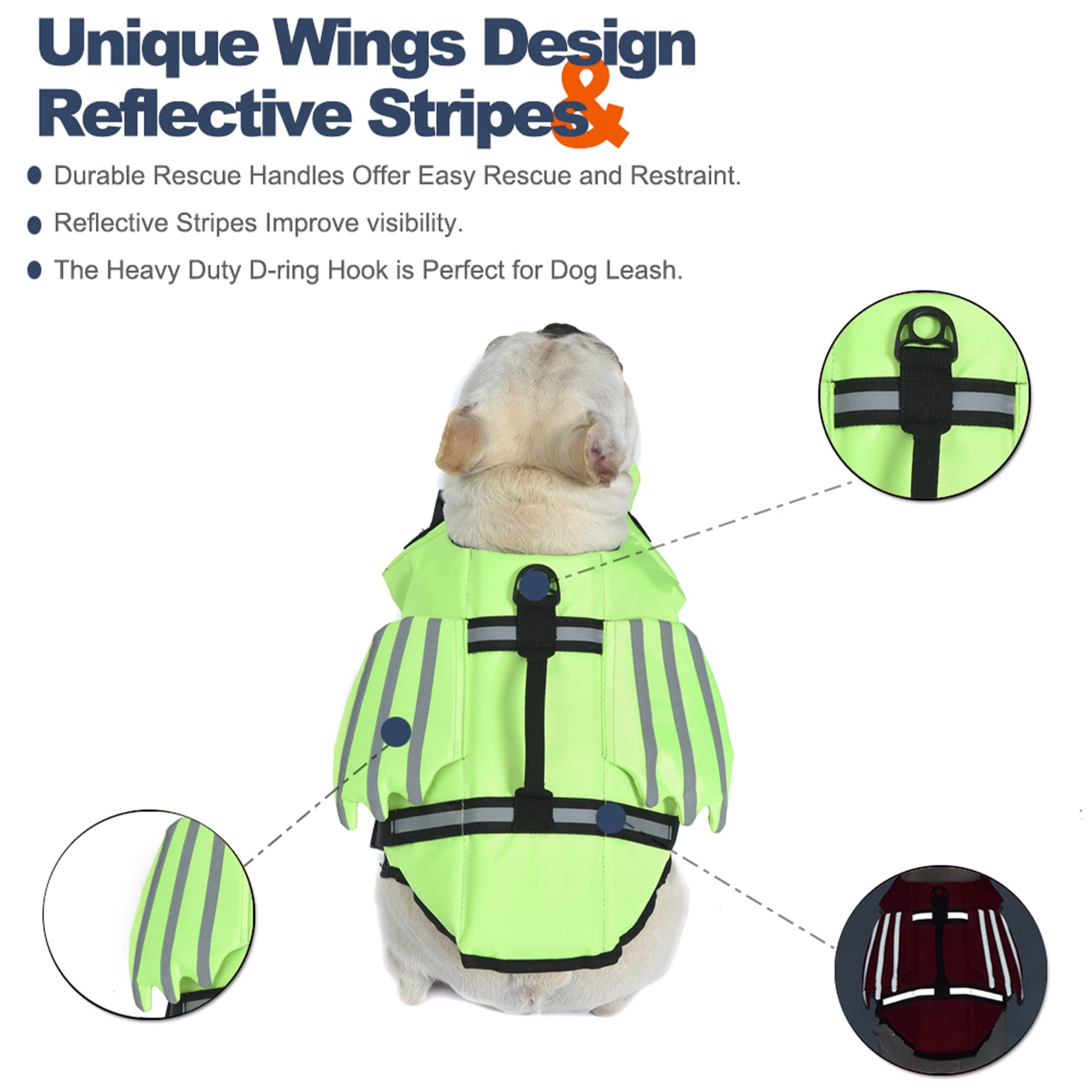 Petglad Dog Life Jacket, Wings Dog Life Vest With Chin Float Rescue Handle For Small Medium Large Dogs, Adjustable High Visibility Flotation Pet Safety Swim Vest For Swimming Boating (Green, Xs)