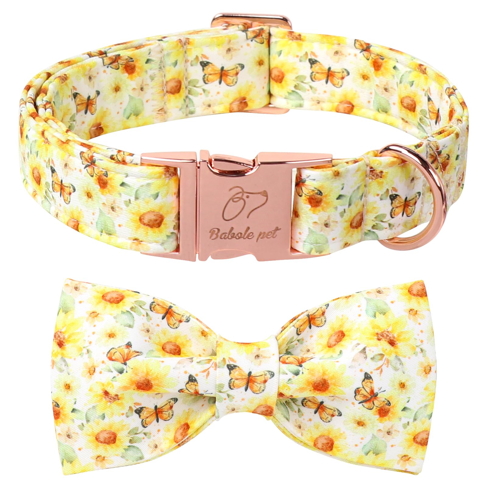 Babole Pet Floral Dog Collar With Bow Tie - Adjustable Yellow Sunflower Bowtie Collar Breathable Comfort Spring-Summer Dog Colla