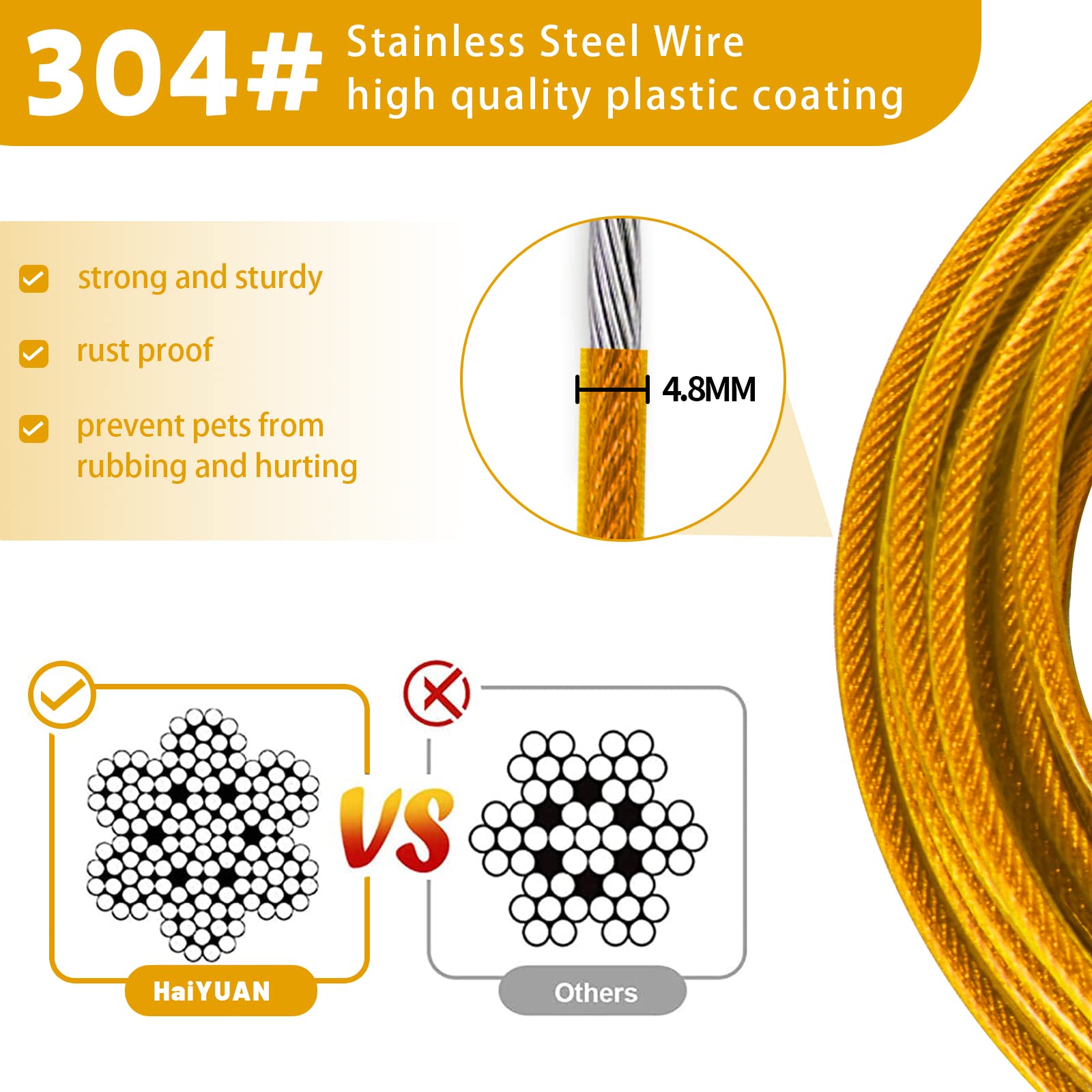 Haiyuan Dog Tie Out Cable 10/15/20/25/30 Ft Runner For Yard Steel Wire Cable With Durable Superior Clips Yellow Chains For Outsi