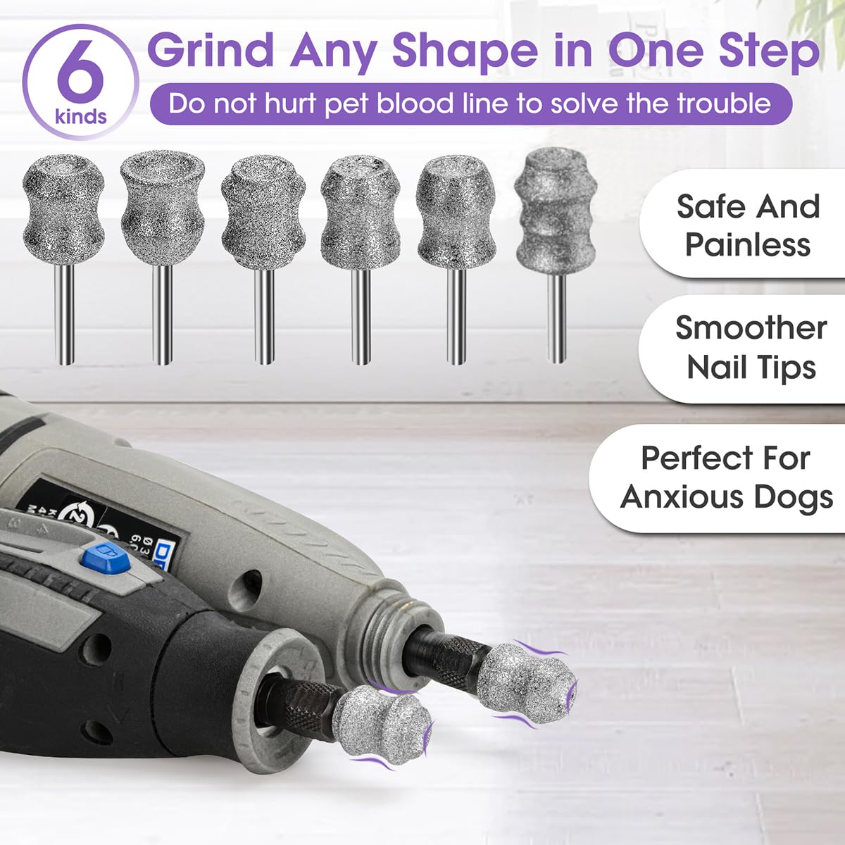 Asozeer Dog Nail Grinder Bits For Dremel - Diamond Dog Nail Grinder Attachment For Large Medium Small Dogs Nail Care - 1/8' Pai